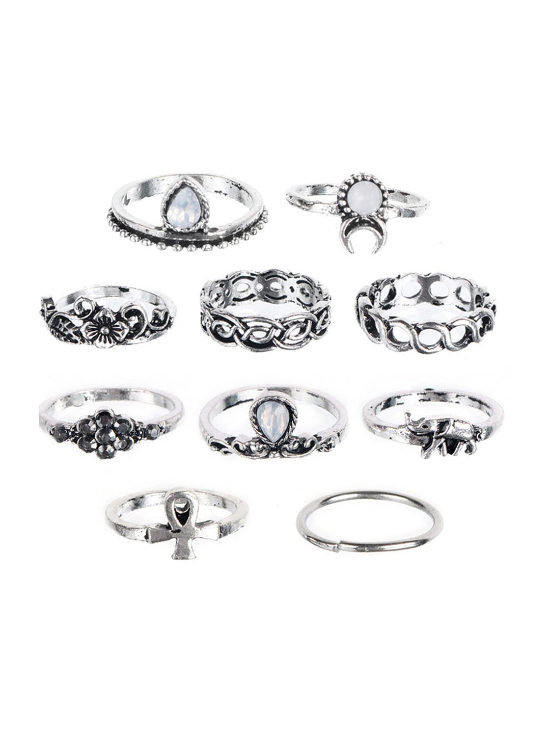 

Scintillare By Sukkhi Set Of 10 Silver-Plated Stone Studded Oxidised Finger Rings