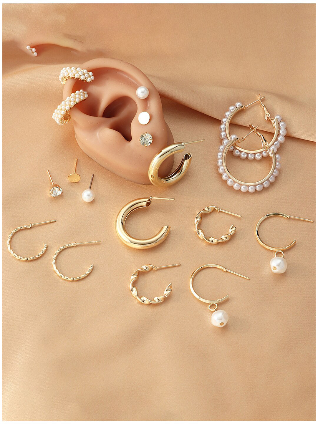 

Scintillare By Sukkhi Set of 9 Gold-Plated Beaded Stud And Half Hoop Earrings