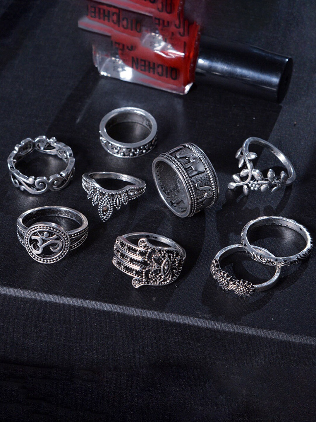 

Scintillare By Sukkhi Set Of 9 Oxidised Silver-Plated Finger Rings