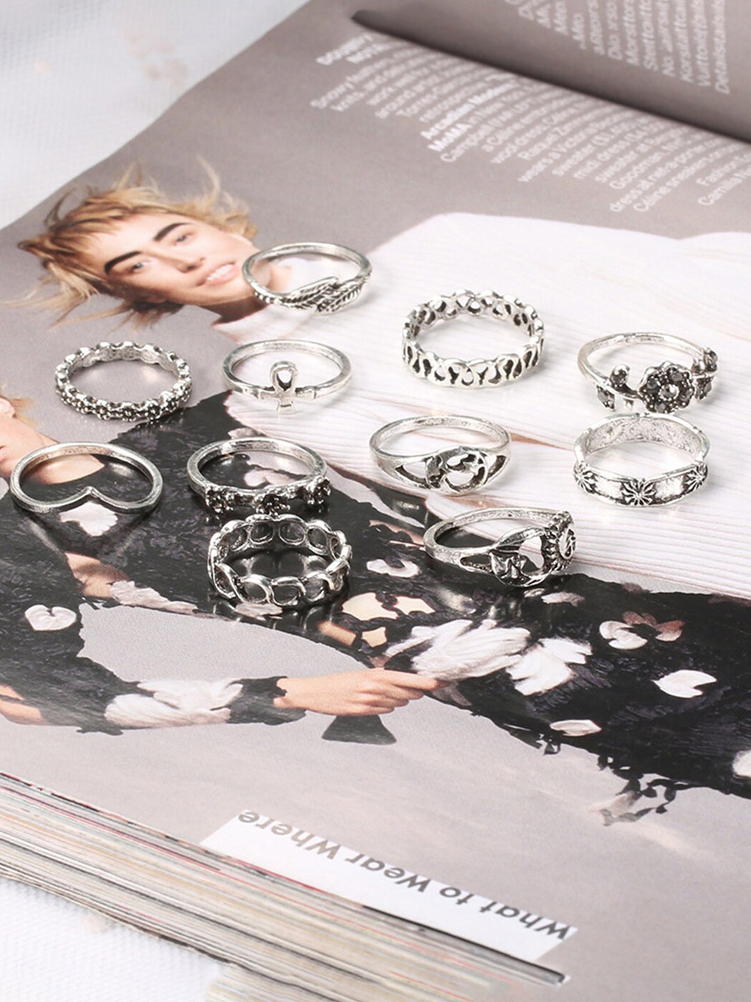 

Scintillare By Sukkhi Set Of 11 Oxidised Silver-Plated Finger Ring