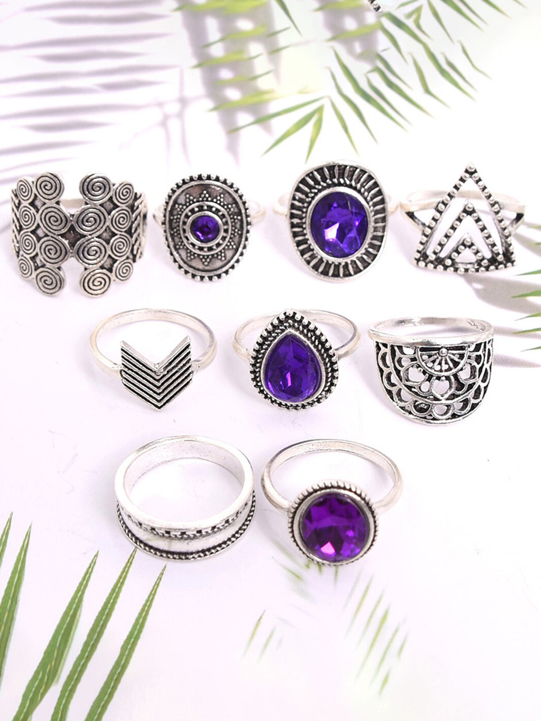 

Scintillare By Sukkhi Set Of 9 Silver-Plated Stone Studded Oxidised Finger Rings