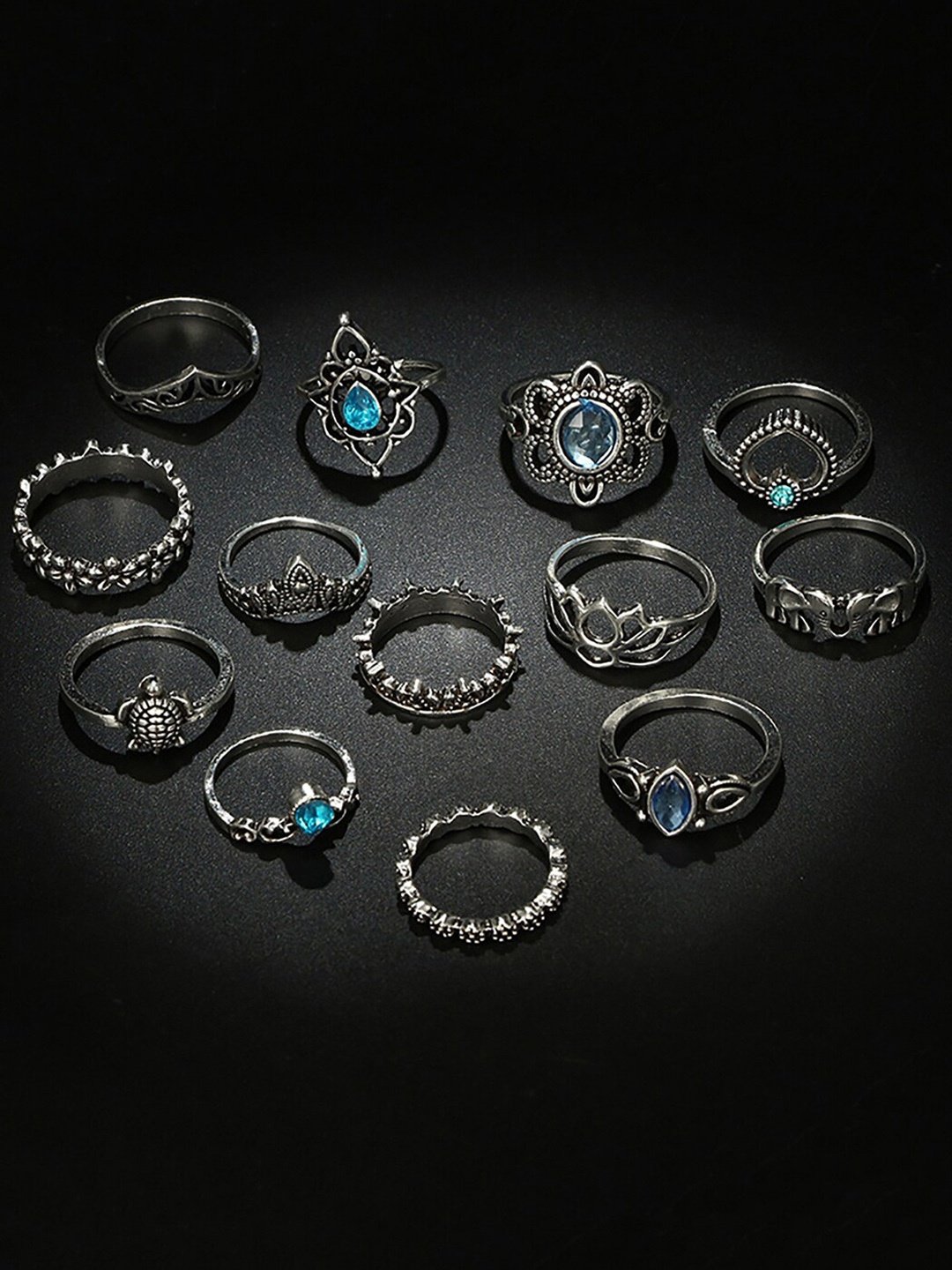 

Scintillare By Sukkhi 13Pcs Silver-Plated Oxidised Stone Studded Finger Ring