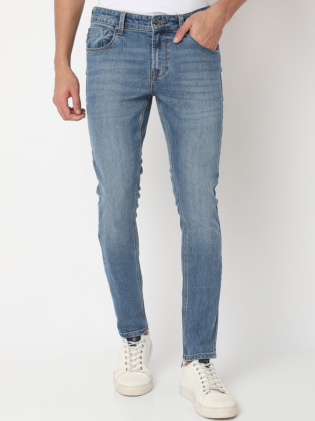 

SPYKAR Men Clean Look Light Fade Whiskers & Chevrons Super Skinny Fit Cotton Jeans, Blue