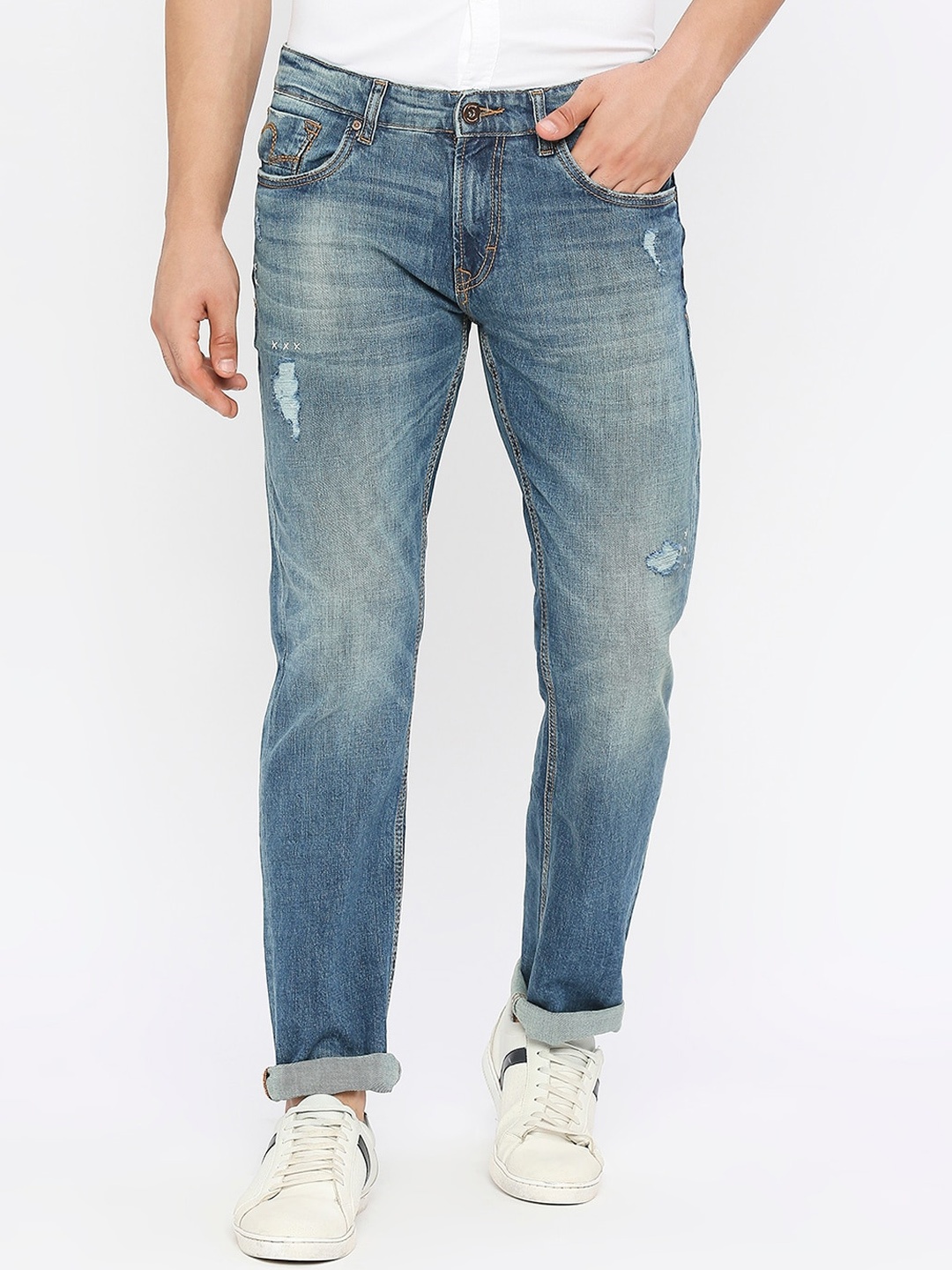 

SPYKAR Men Relaxed Fit Mildly Distressed Heavy Fade Stretchable Jeans, Blue