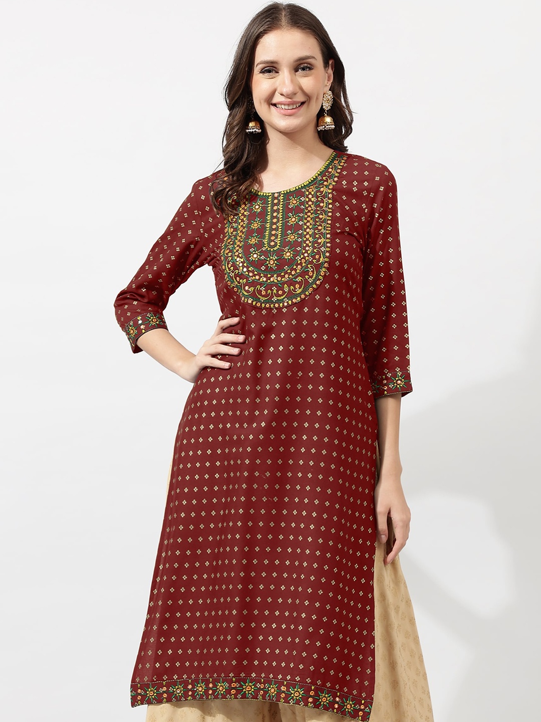 

KALINI Geometric Printed Kurta, Maroon