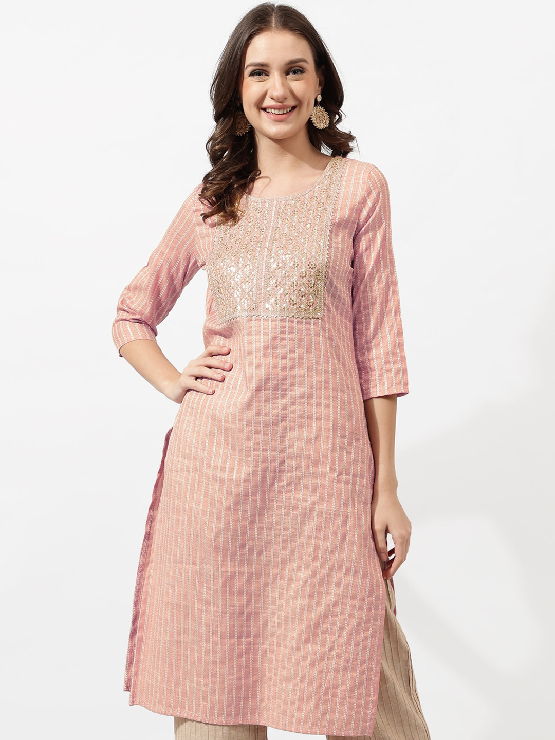 

MIRCHI FASHION Striped Sequinned Kurta, Pink