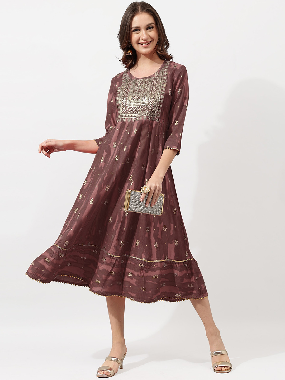 

MIRCHI FASHION Ethnic Motifs Printed A-Line Maxi Pure Cotton Ethnic Dress, Brown