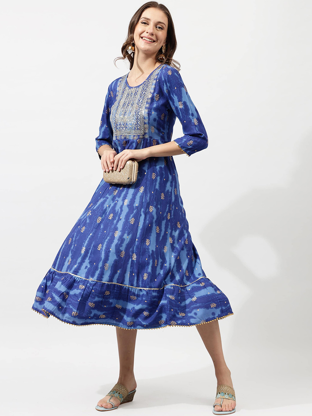 

MIRCHI FASHION Blue Ethnic Motifs Foil Printed Gotta Patti Sequined A-Line Ethnic Dress