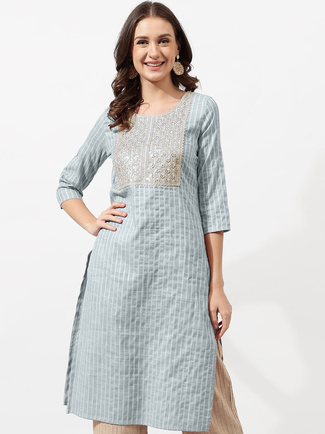 

KALINI Striped Sequinned Kurta, Grey