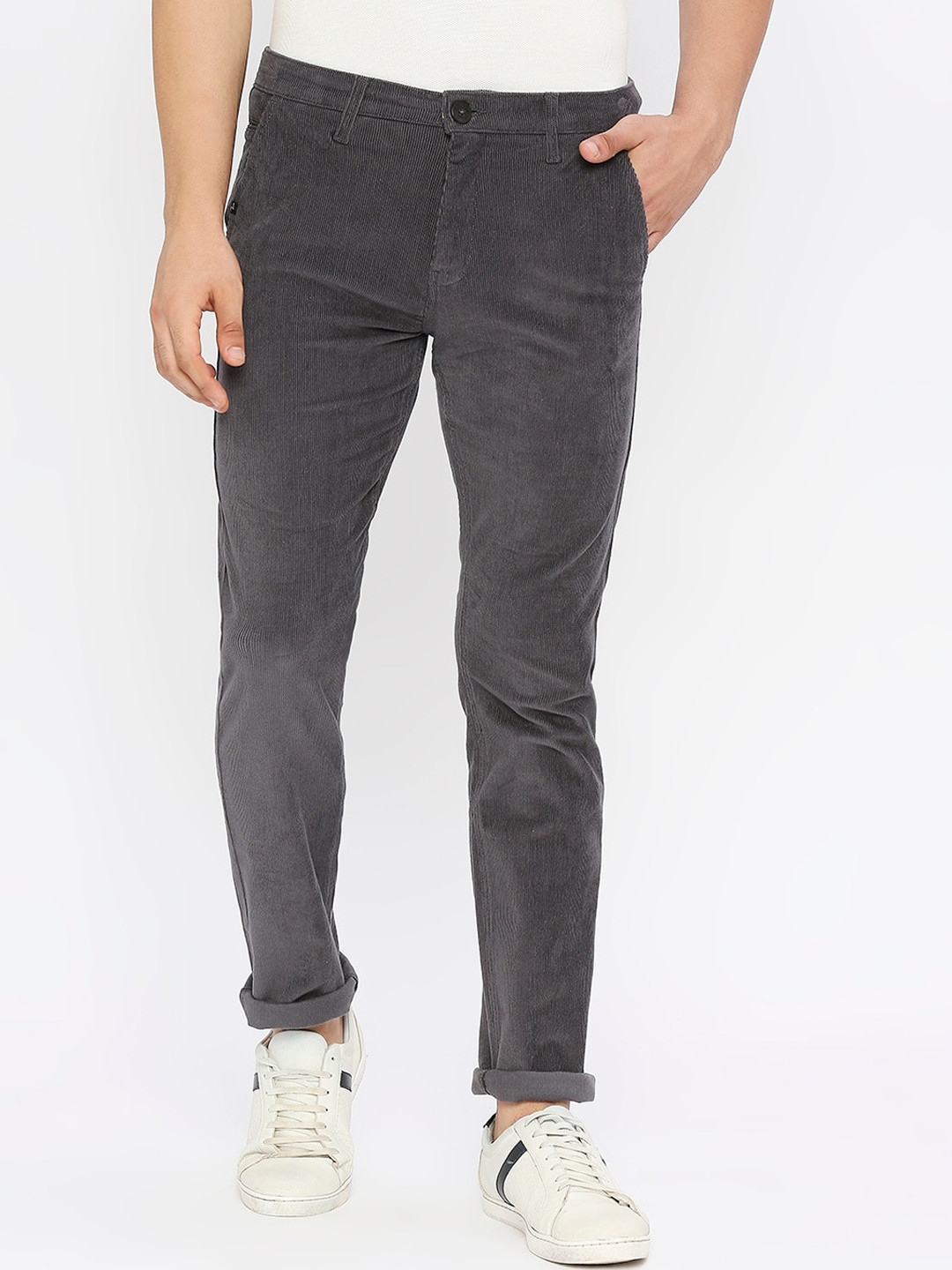 

SPYKAR Men Self Design Slim Fit Cotton Trousers, Grey