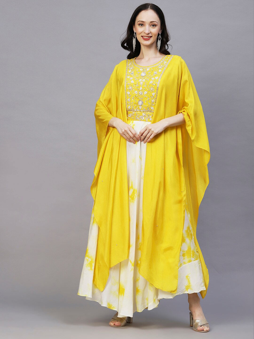 

FASHOR Yellow And White Embroidered Flared Sleeves A-Line Ethnic Dress