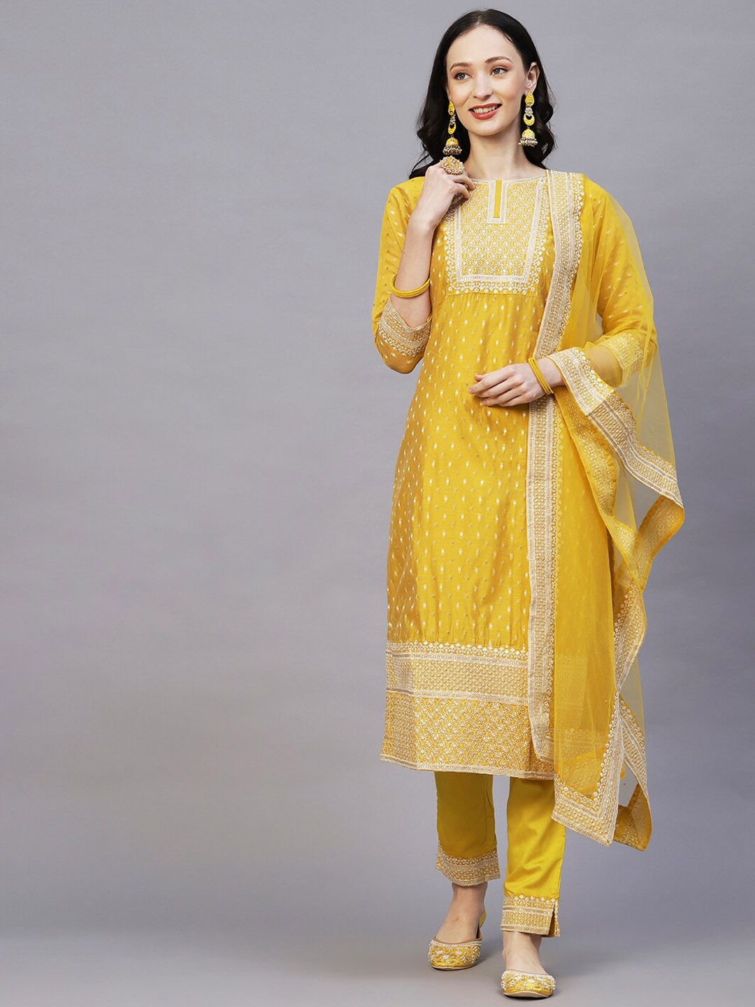 

FASHOR Yellow Woven Design Thread Work Pure Silk Kurta with Trousers & With Dupatta