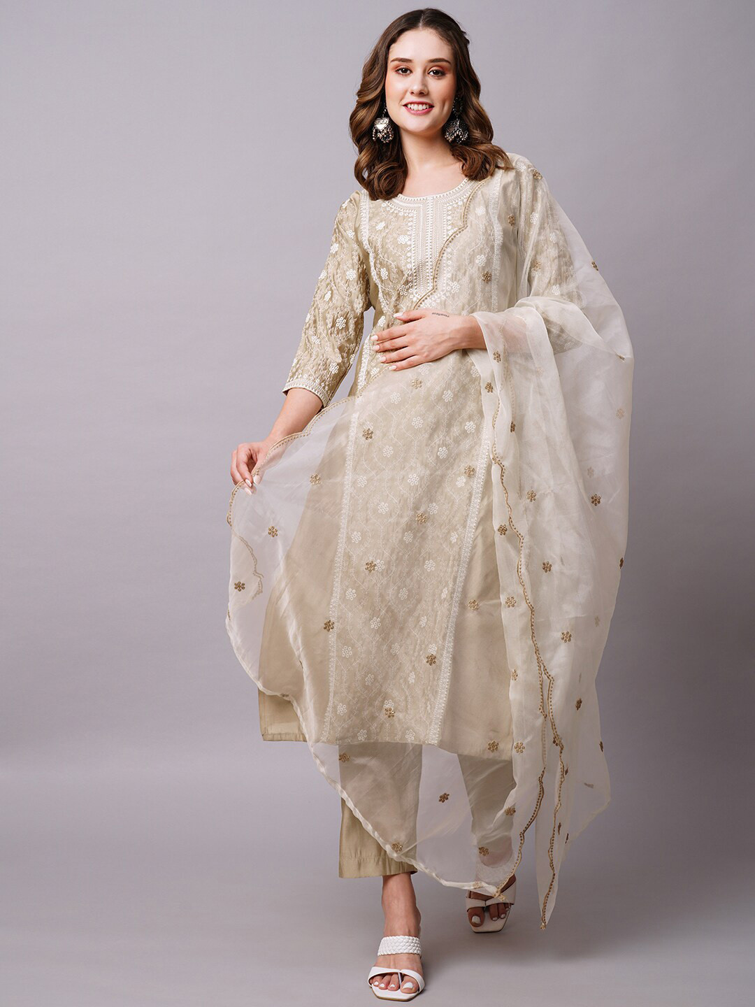 

FASHOR Taupe Ethnic Motifs Embroidered Regular Sequinned Kurta With Trousers & Dupatta