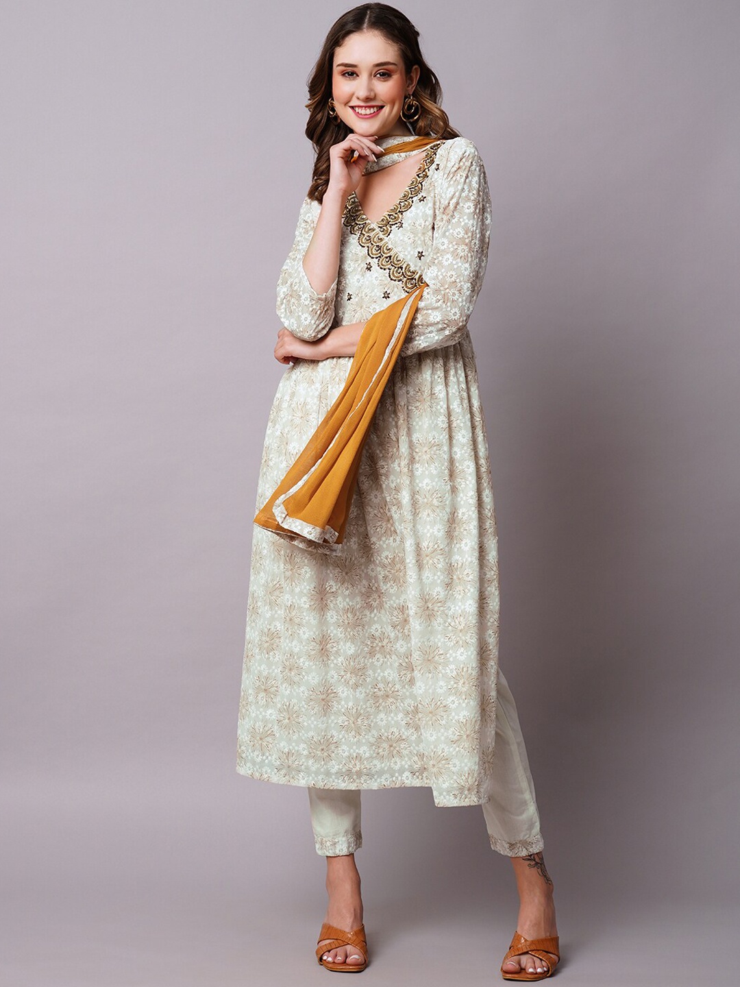 

FASHOR Ethnic Motifs Embroidered Pleated Thread Work Kurta with Trousers & Dupatta, Cream