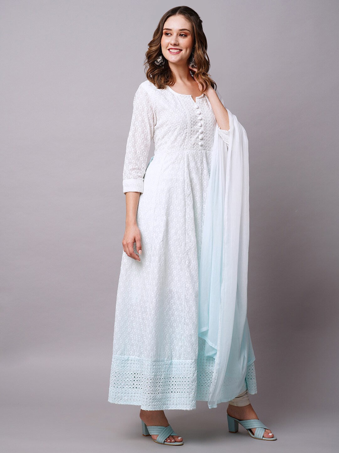 

FASHOR White And Blue Embroidered Ombre Dyed Cotton A-Line Ethnic Dress With Dupatta