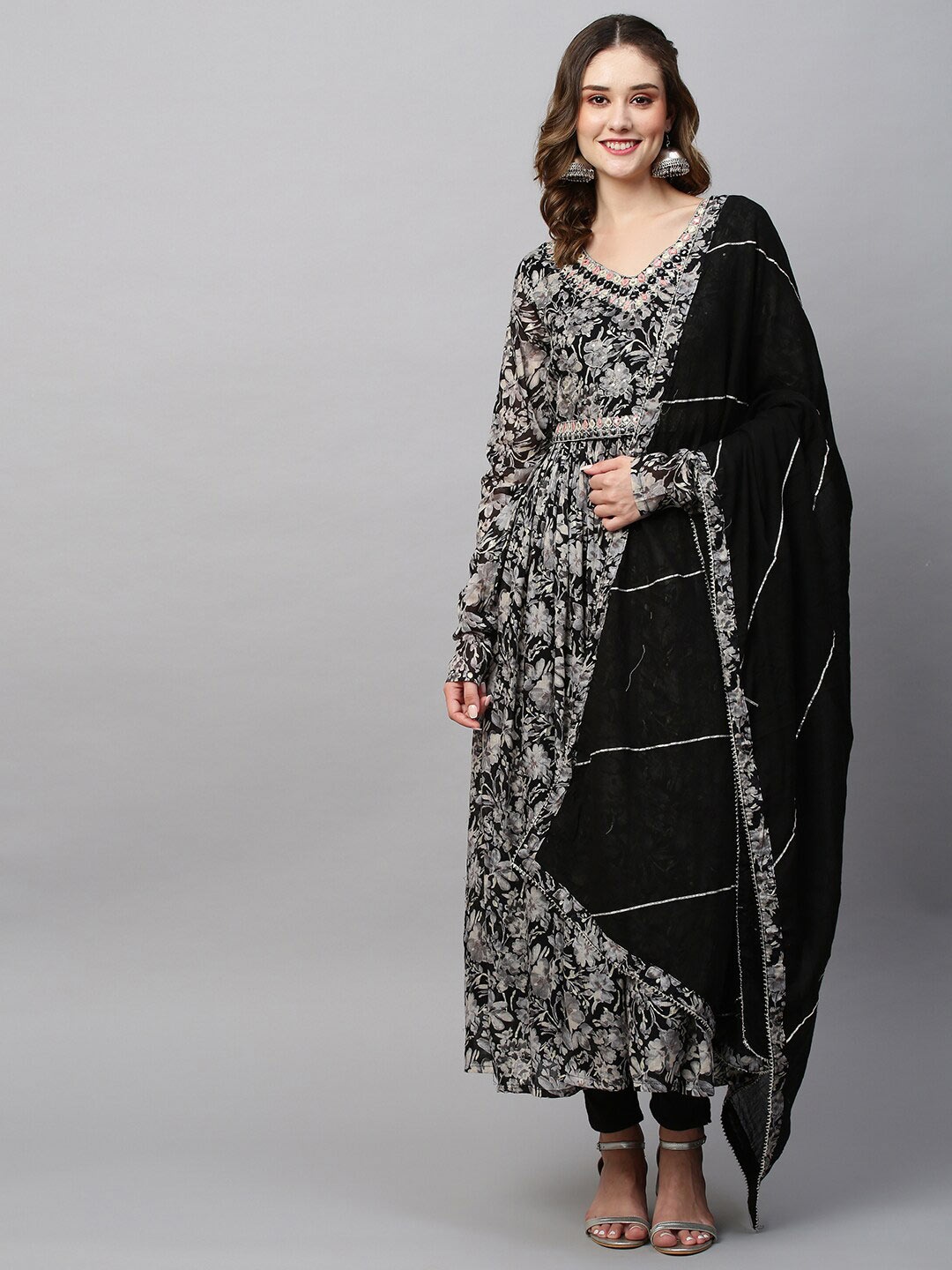 

FASHOR Black Floral Printed Embroidered Cotton Ethnic Dress With Gota Patti Dupatta