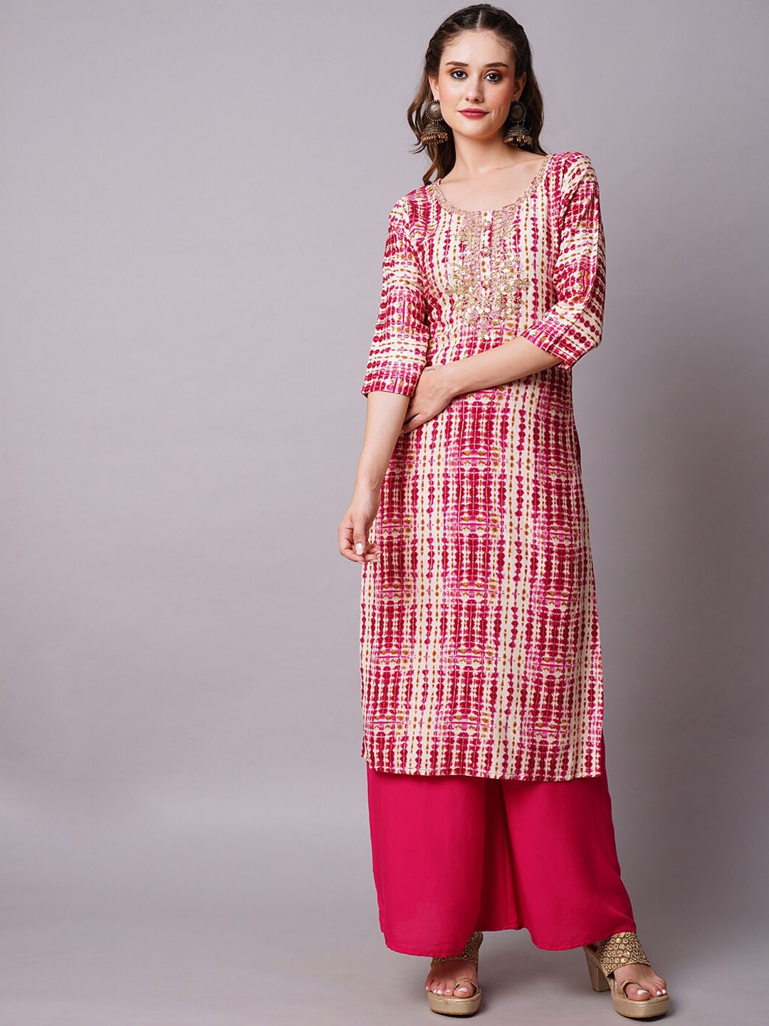 

FASHOR Magenta Abstract Dyed Beads and Stones Kurta