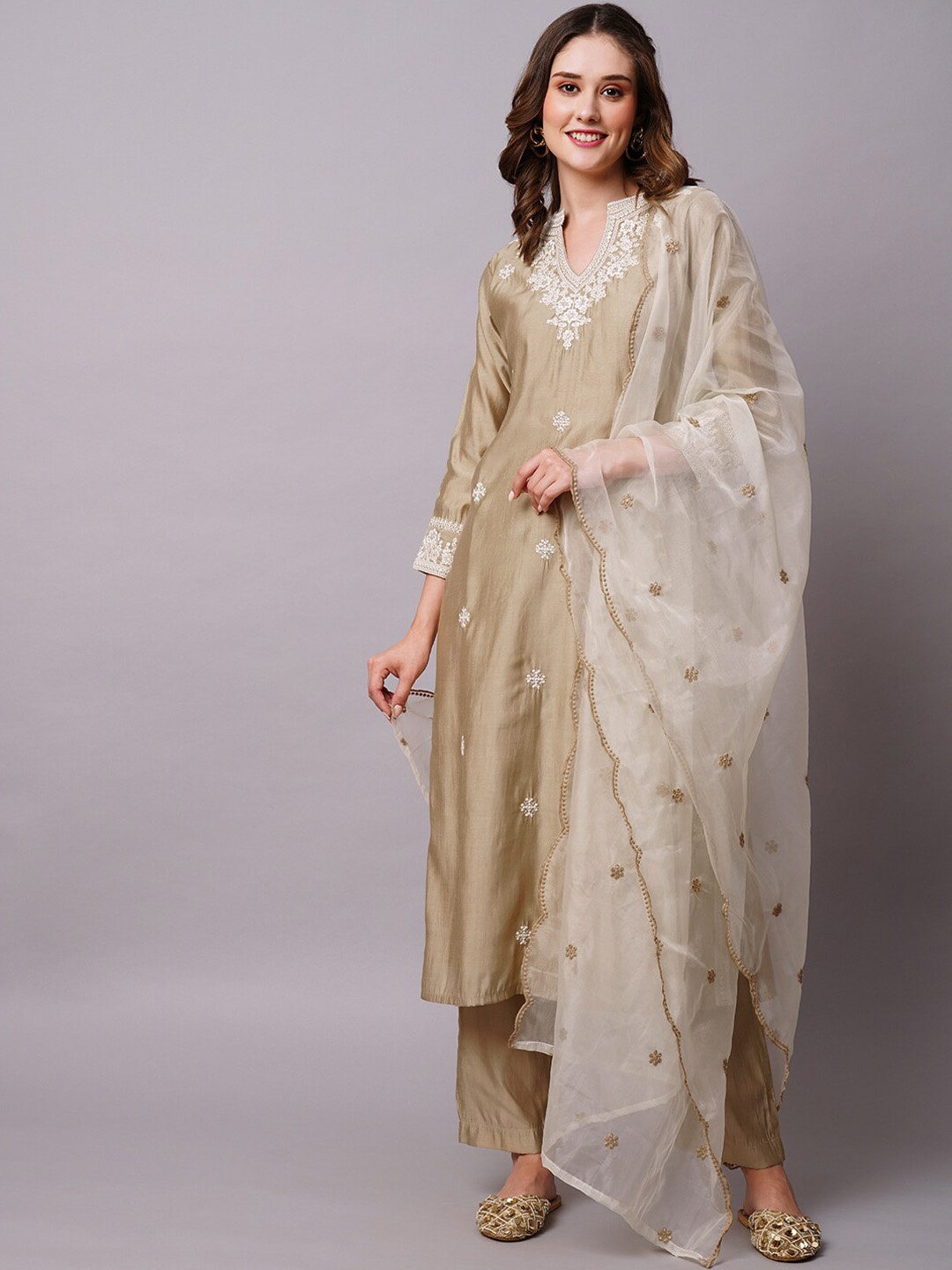 

FASHOR Taupe Floral Embroidered Kurta with Trousers & Dupatta