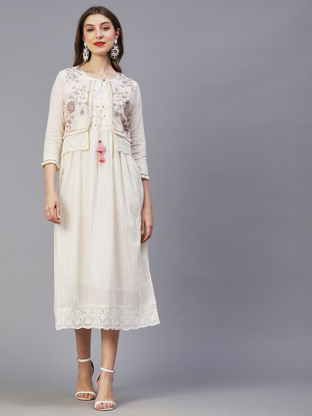 

FASHOR Tie-Up Neck A-Line Midi Dress, Off white