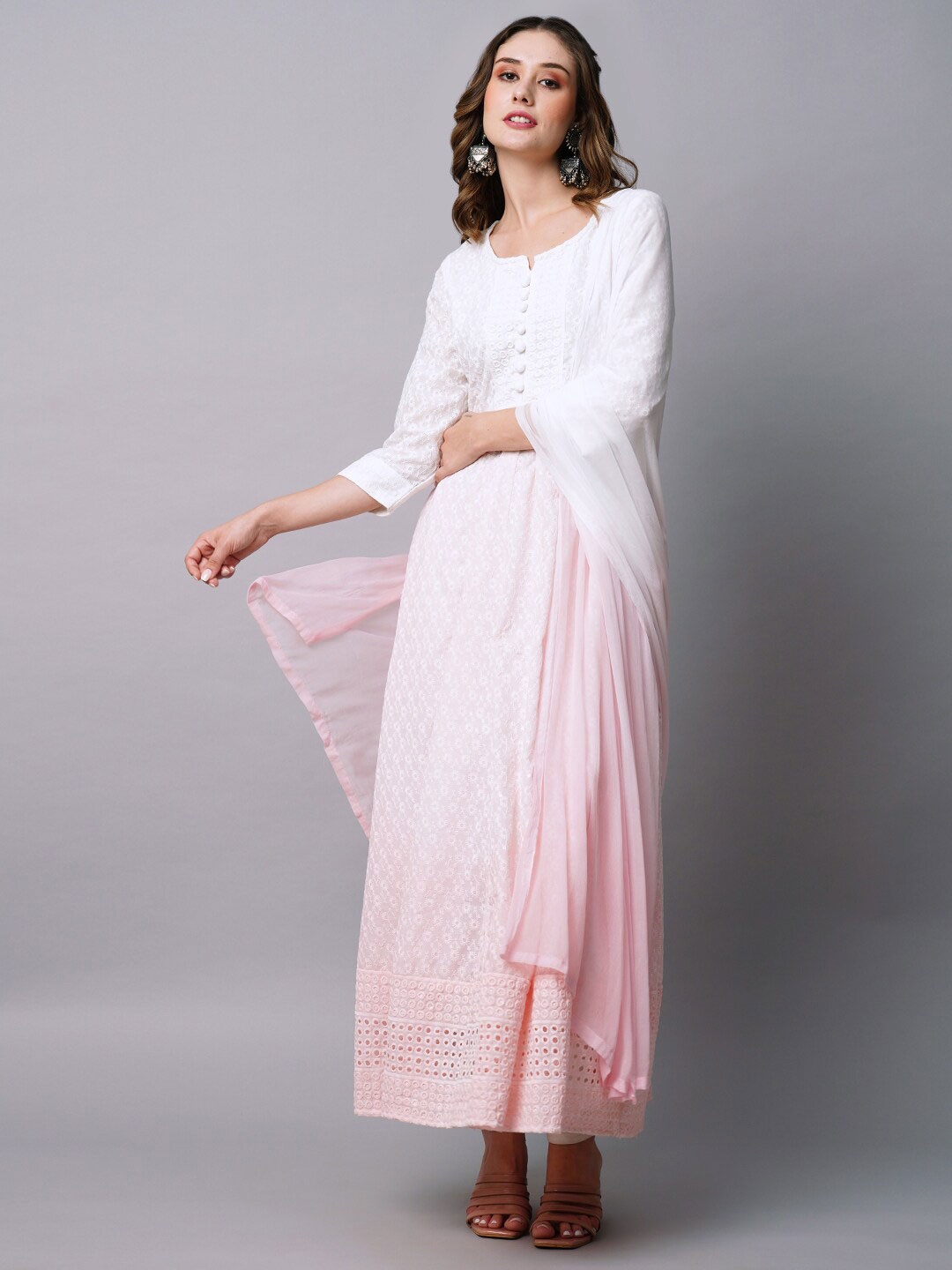

FASHOR Pink Ethnic Motifs Self Design Thread work Anarkali Kurta with leggings & Dupatta