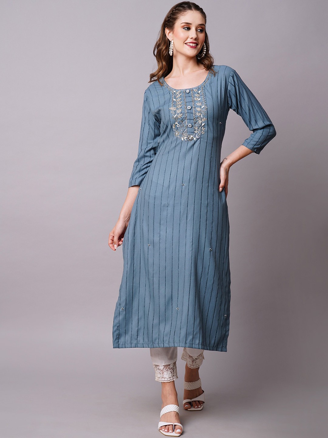 

FASHOR Grey Striped Beads and Stones Kurta