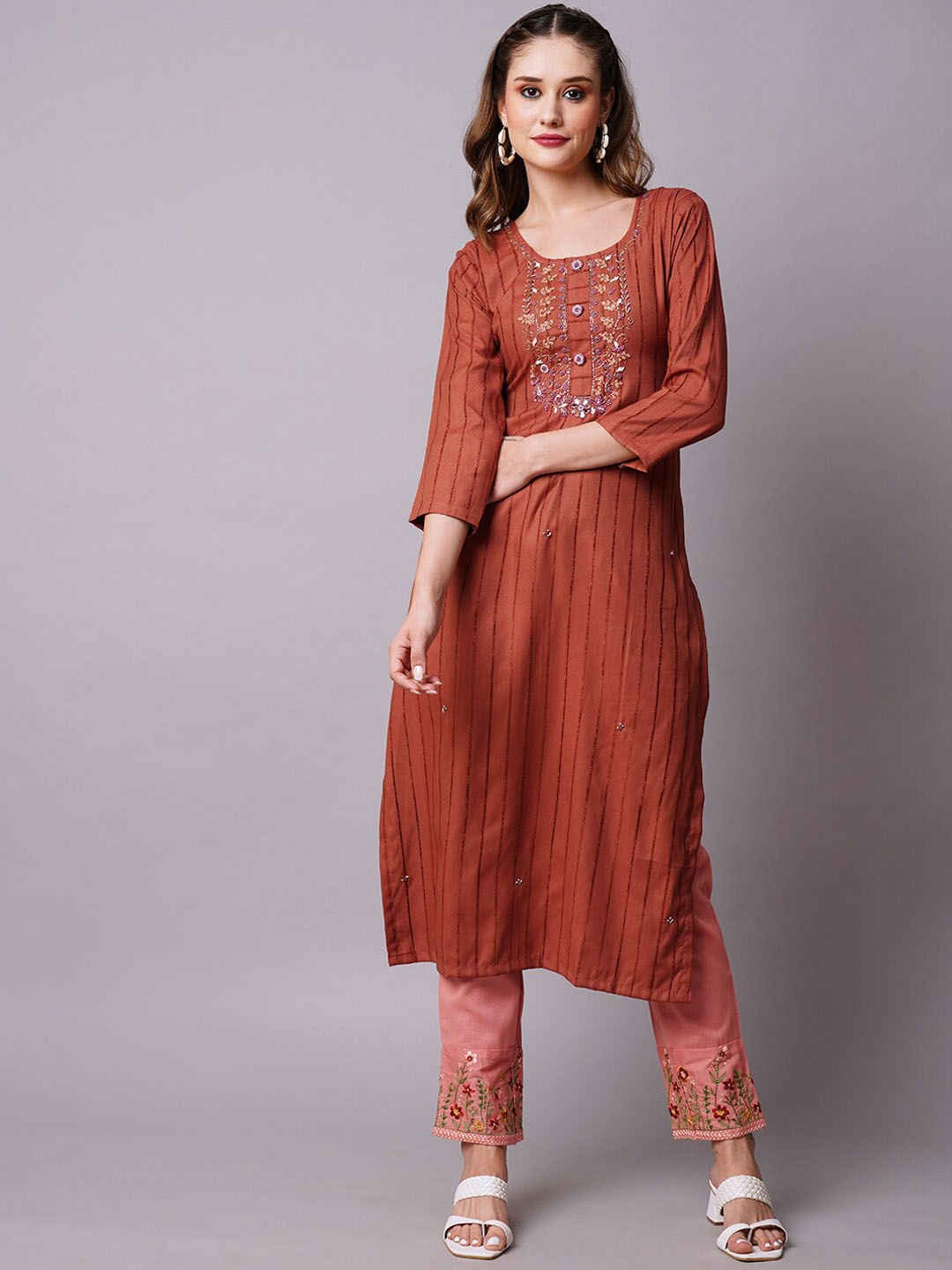 

FASHOR Brown Striped Beads and Stones Kurta