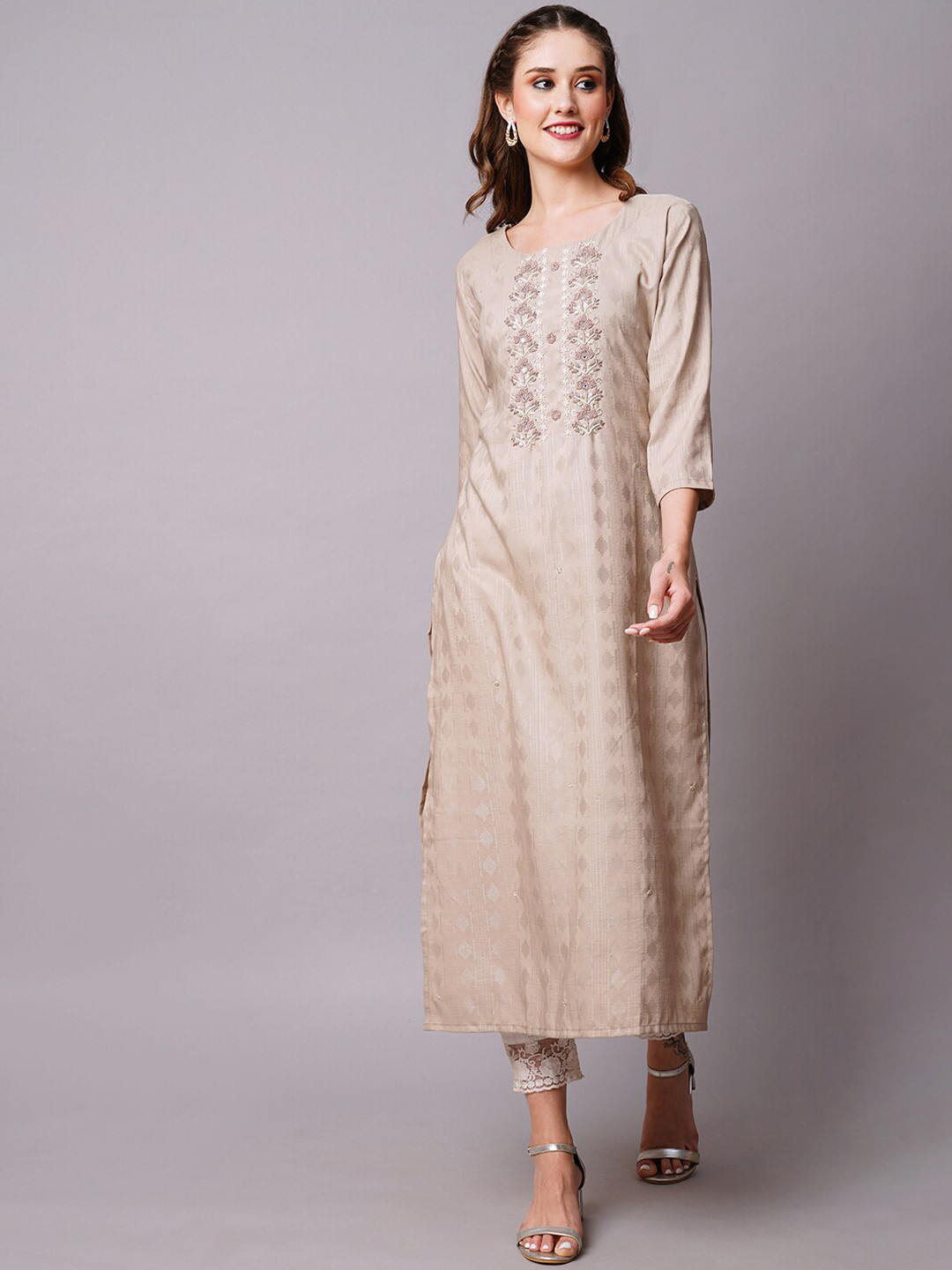 

FASHOR Beige Woven Design Beads and Stones Kurta