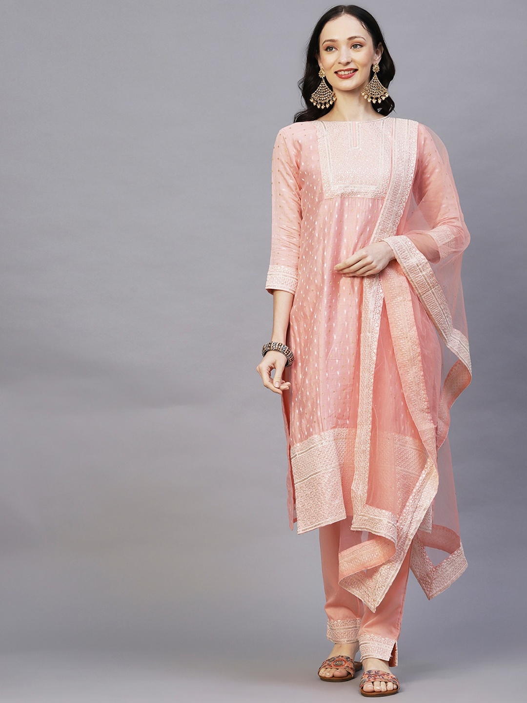 

FASHOR Peach-Coloured Embroidered Pure Silk Kurta with Trousers & Dupatta