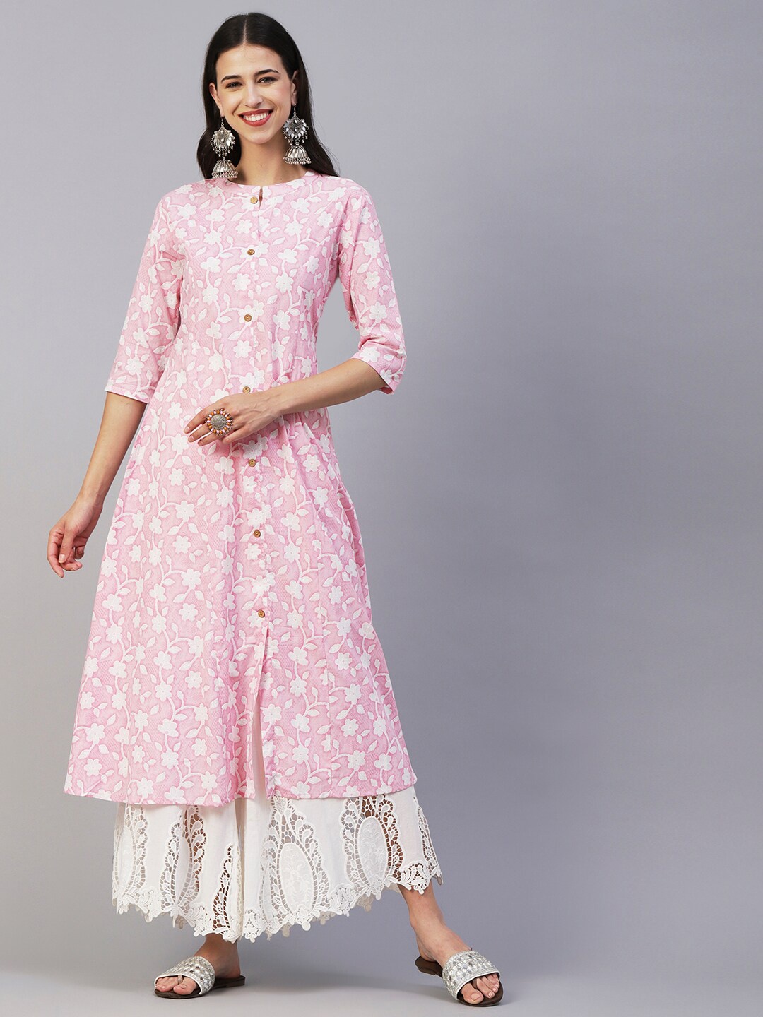 

FASHOR Pink Mandarin Collar Floral Printed Pure Cotton A-Line Kurta