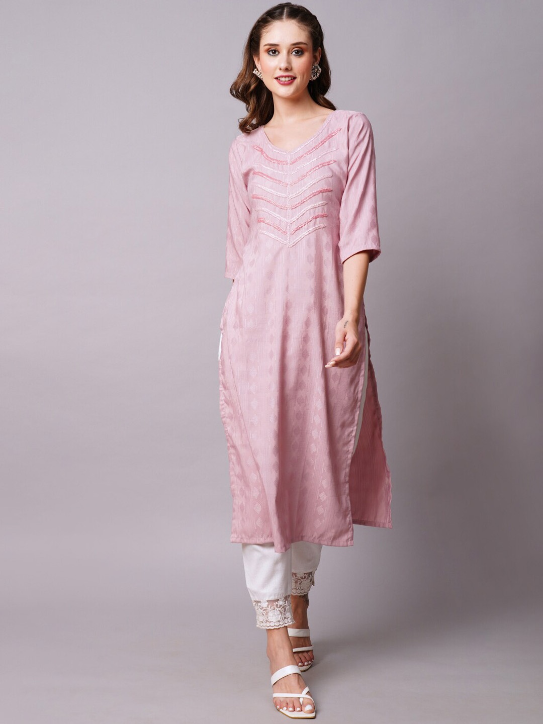 

FASHOR Pink Woven Design Beads and Stones Kurta