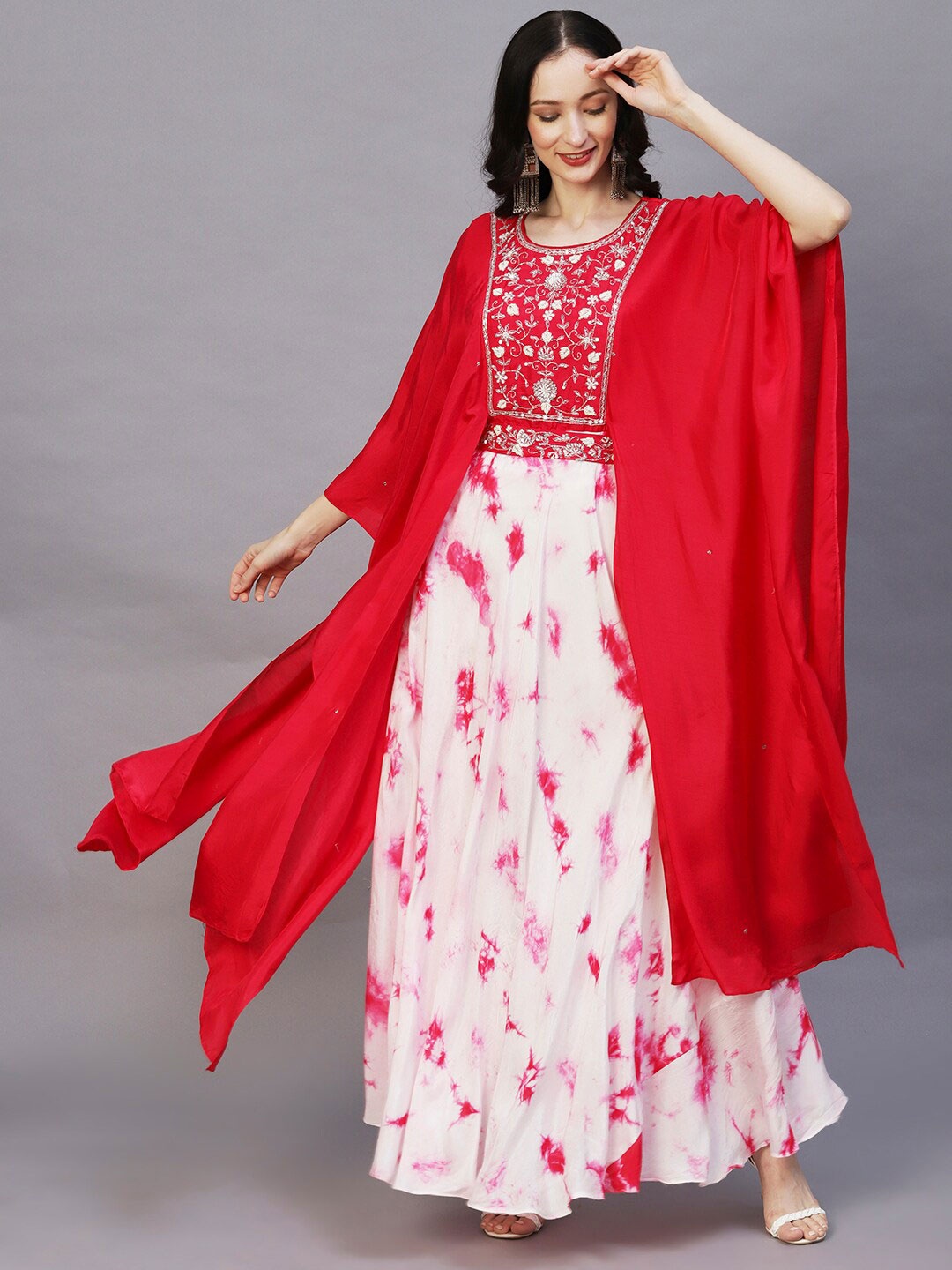 

FASHOR Pink Floral Print Crepe Maxi Ethnic Dress