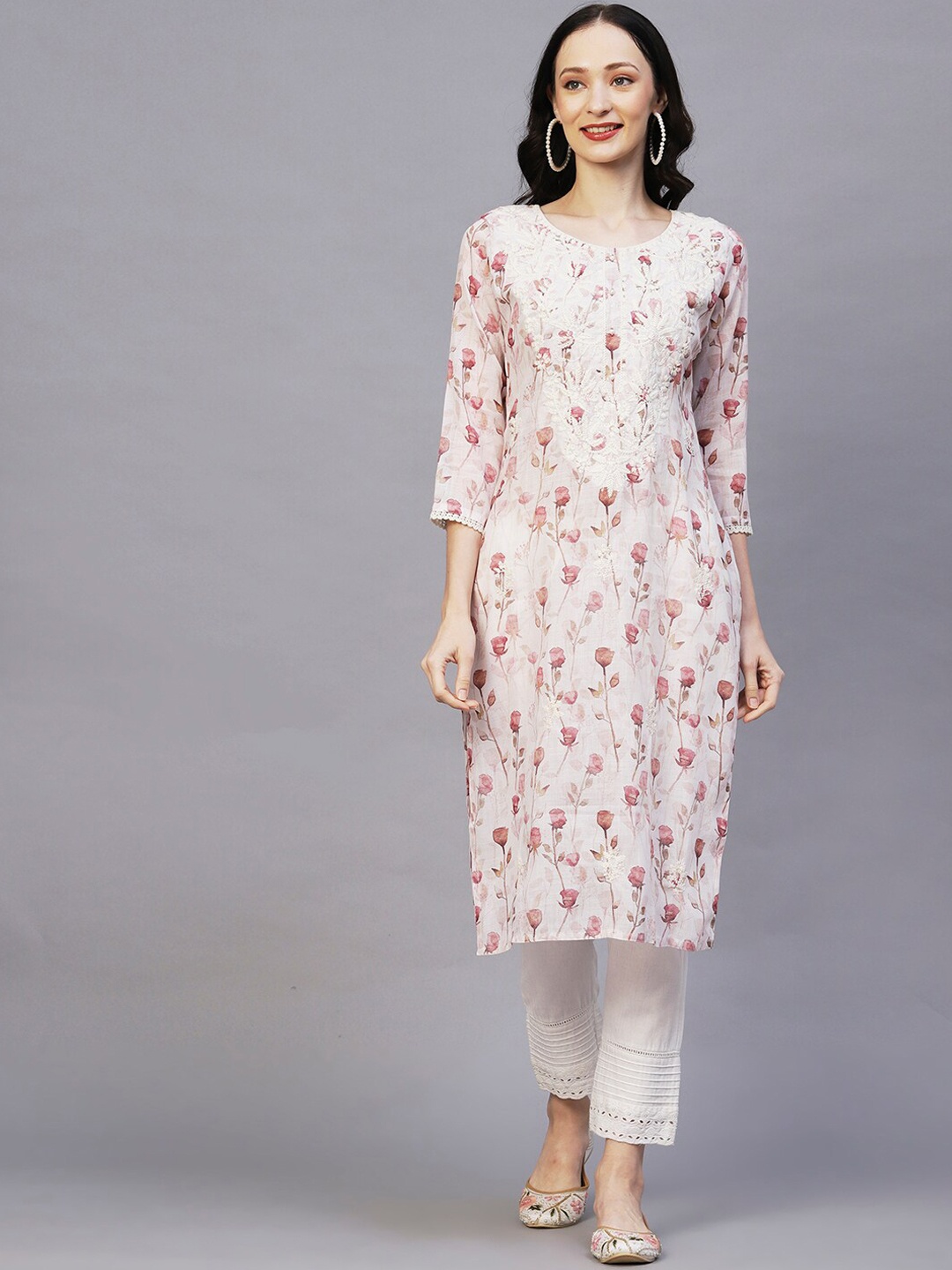 

FASHOR White Floral Printed Thread Work Kurta
