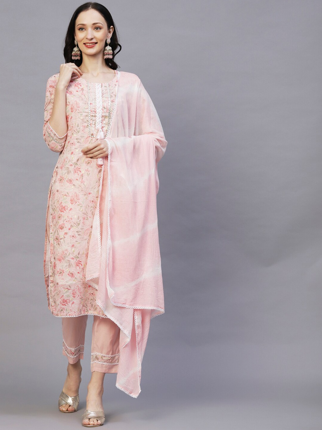 

FASHOR Pink Floral Printed Pure Cotton Kurta with Trousers & Dupatta