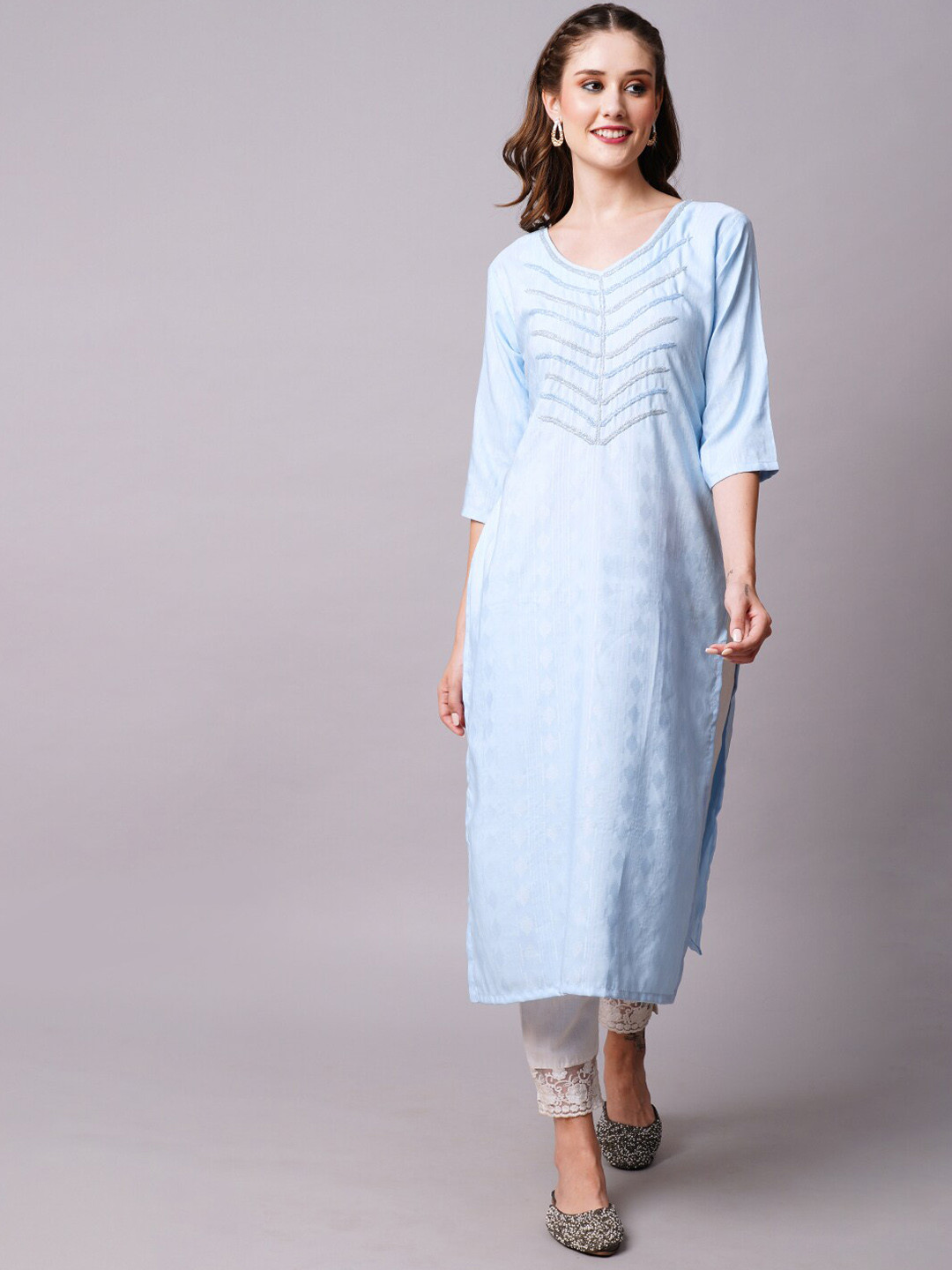

FASHOR Blue Woven Design Beads and Stones Kurta