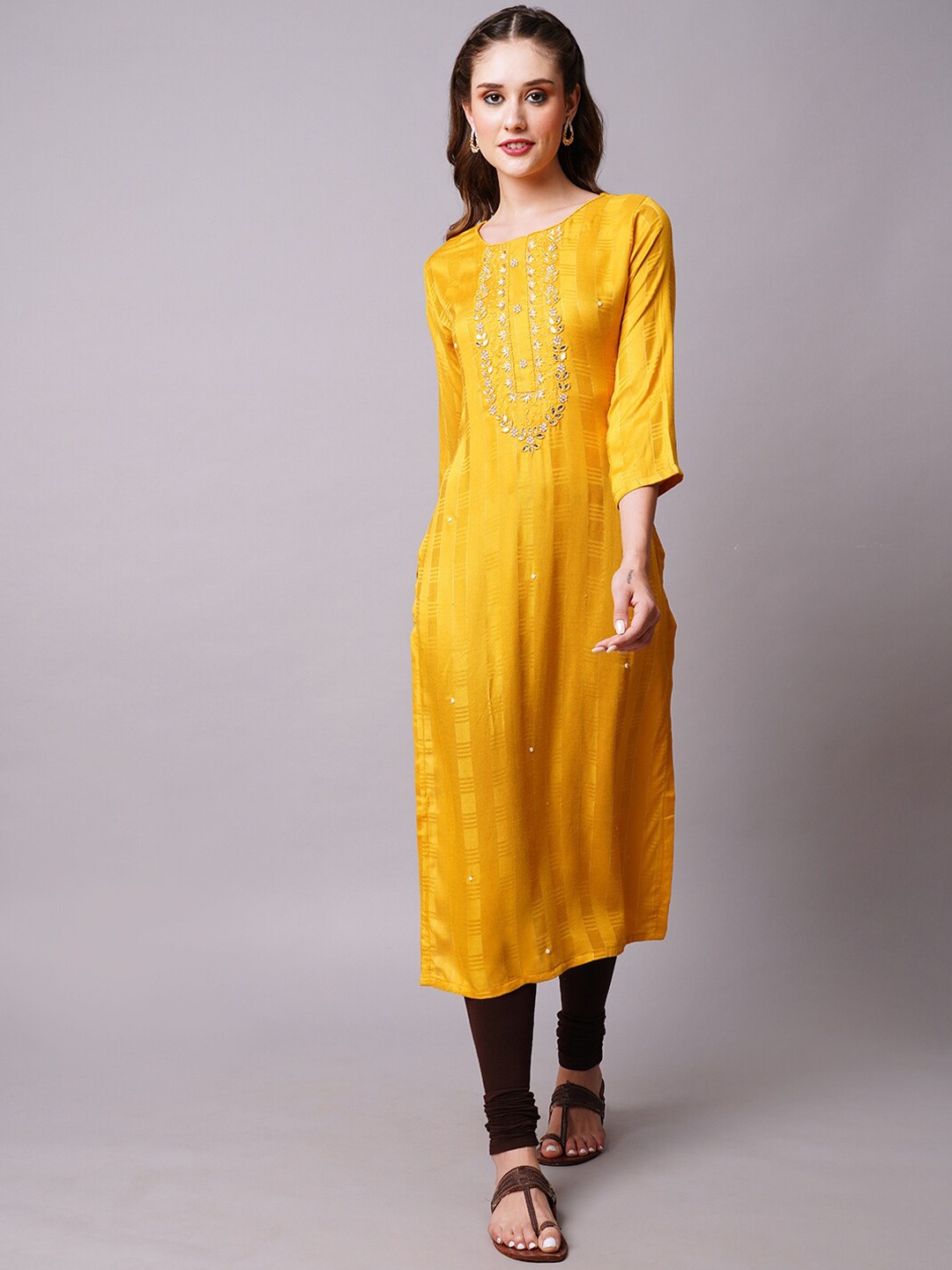 

FASHOR Yellow Woven Design Beads and Stones Kurta