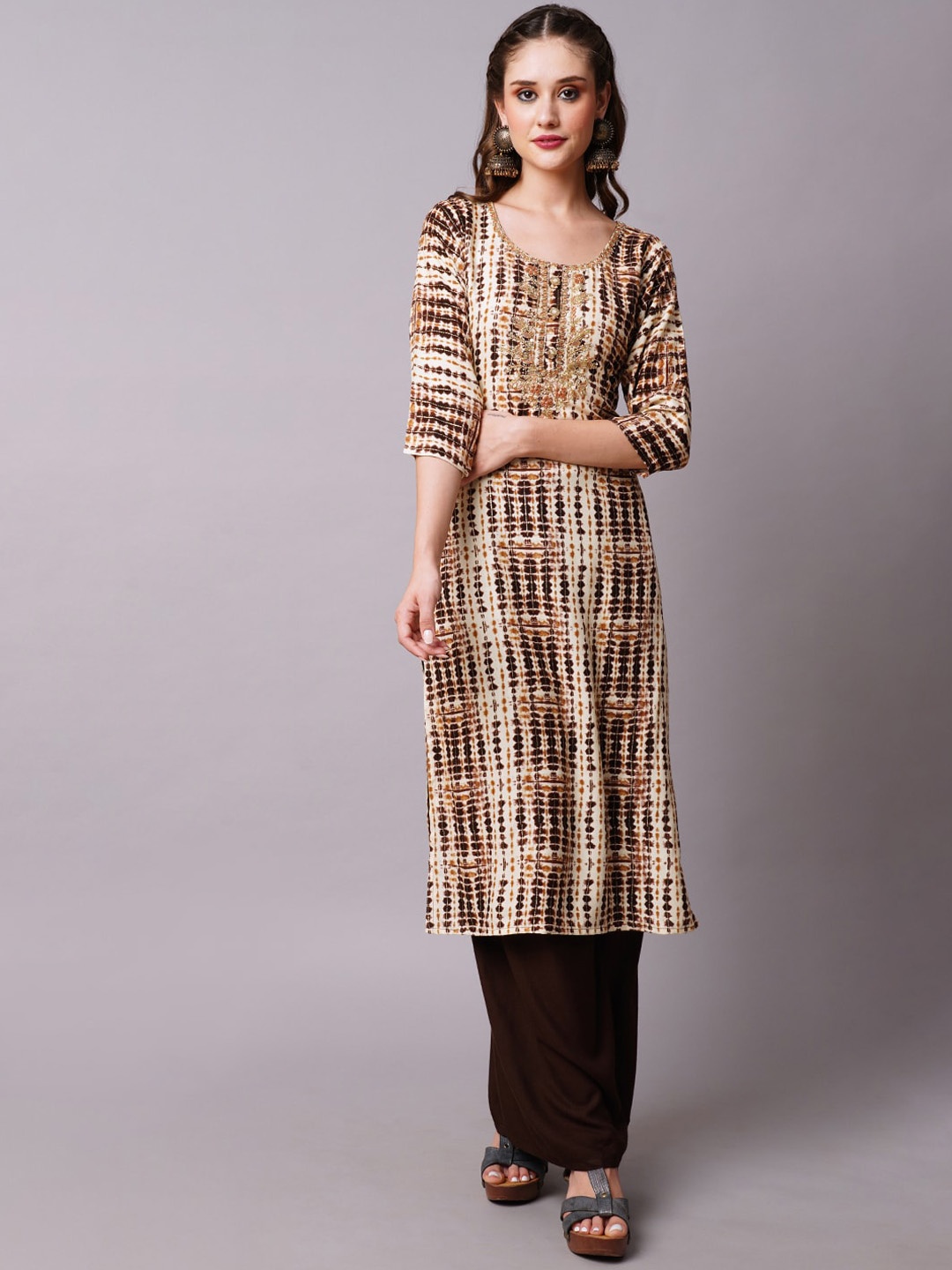 

FASHOR Brown Abstract Printed Beads and Stones Kurta