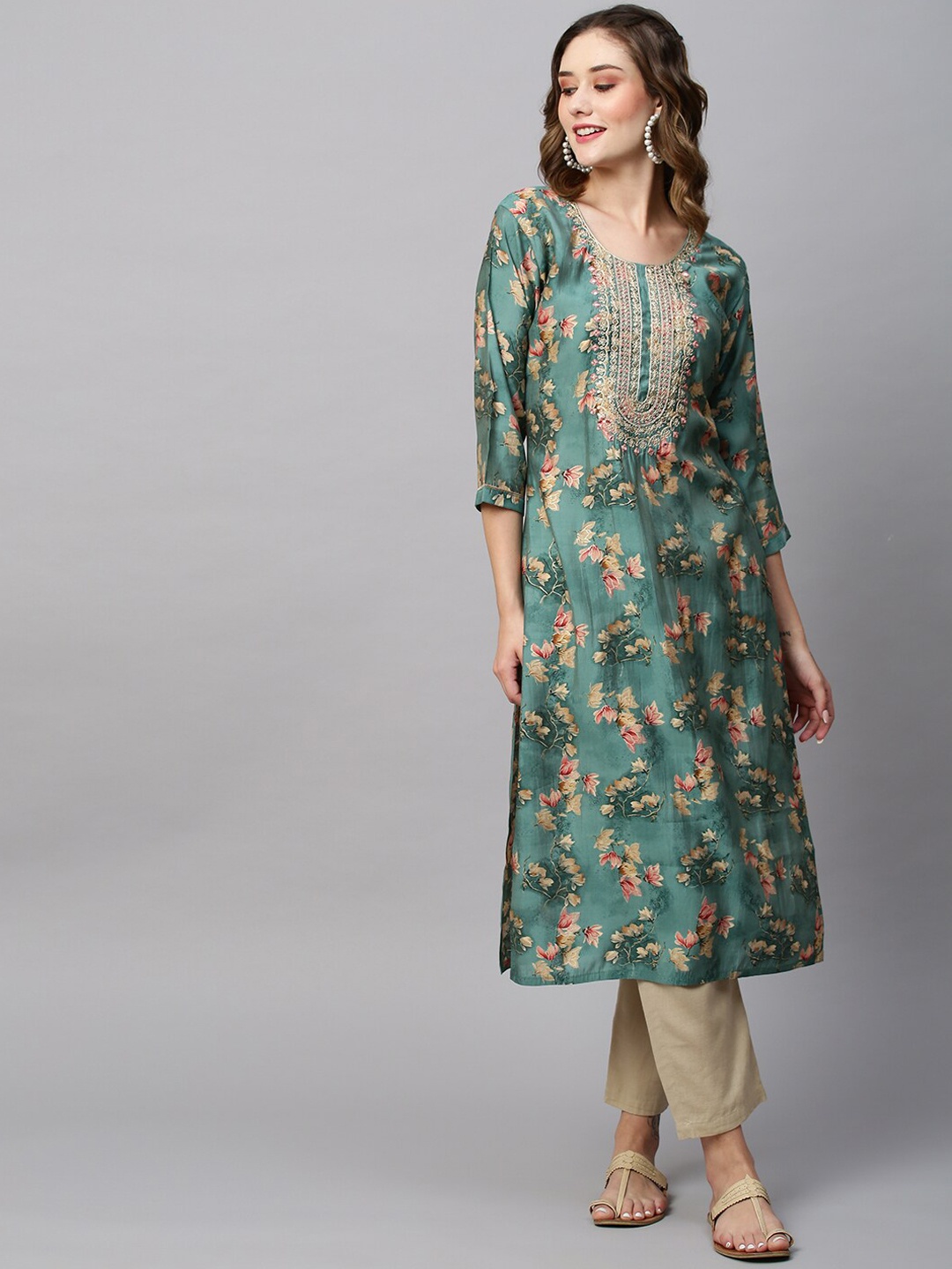 

FASHOR Green Floral Printed Thread Work Kurta