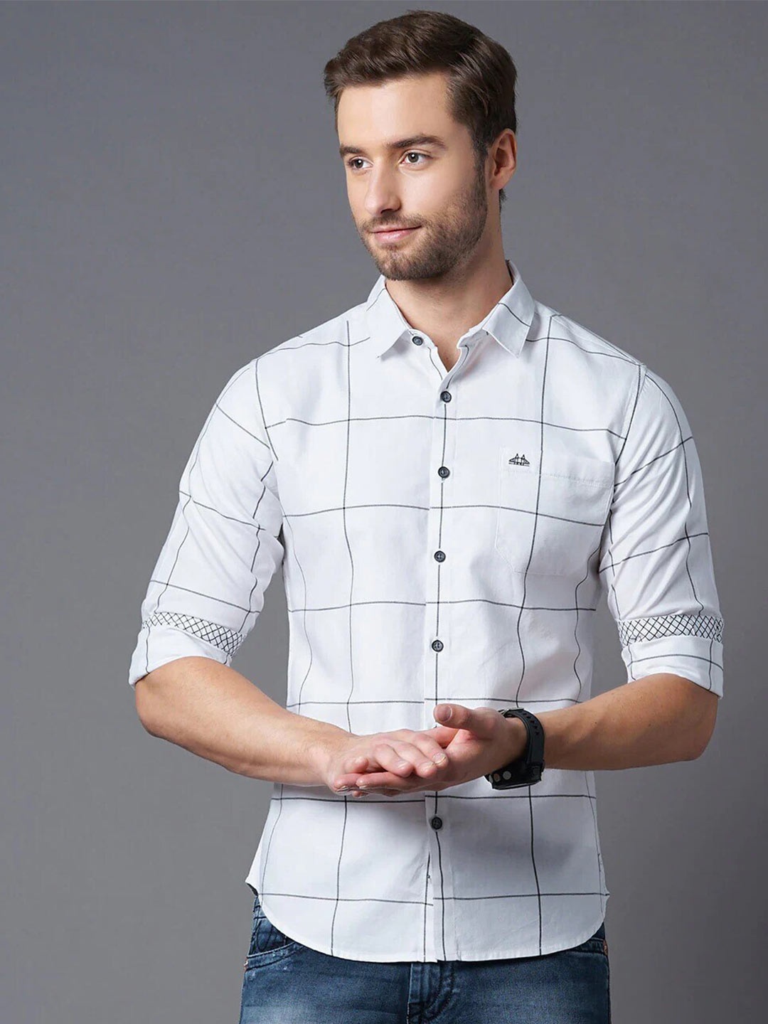 

British Club Smart Slim Fit Windowpane Checks Pure Cotton Casual Shirt, Black