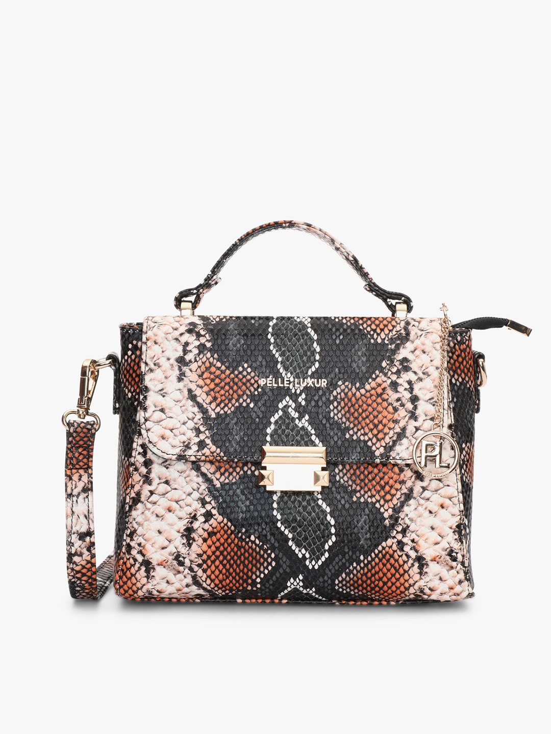 

PELLE LUXUR Animal Printed Structured Satchel Bag, Orange