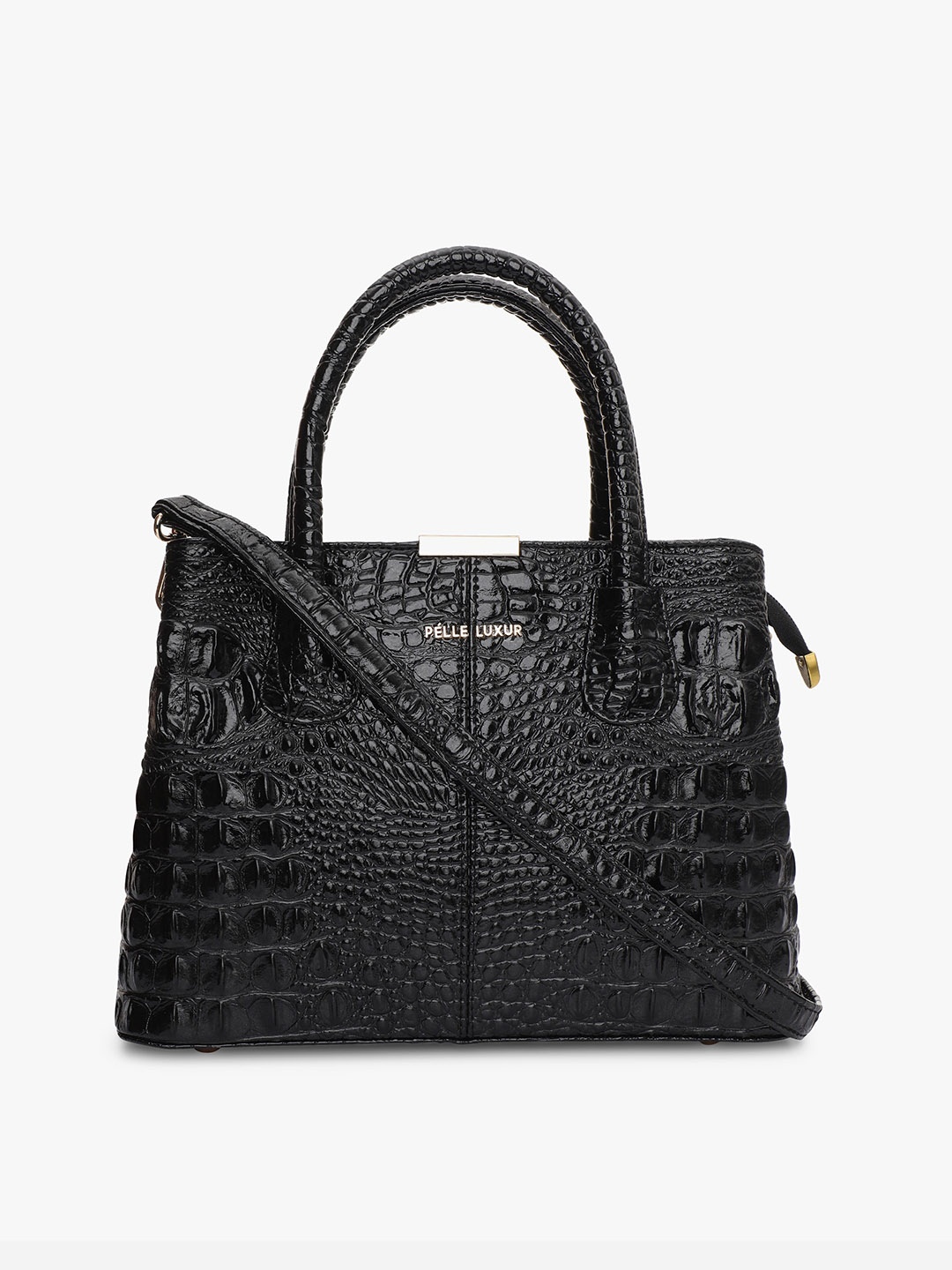 

PELLE LUXUR Women Textured Structured Handheld Bag, Black