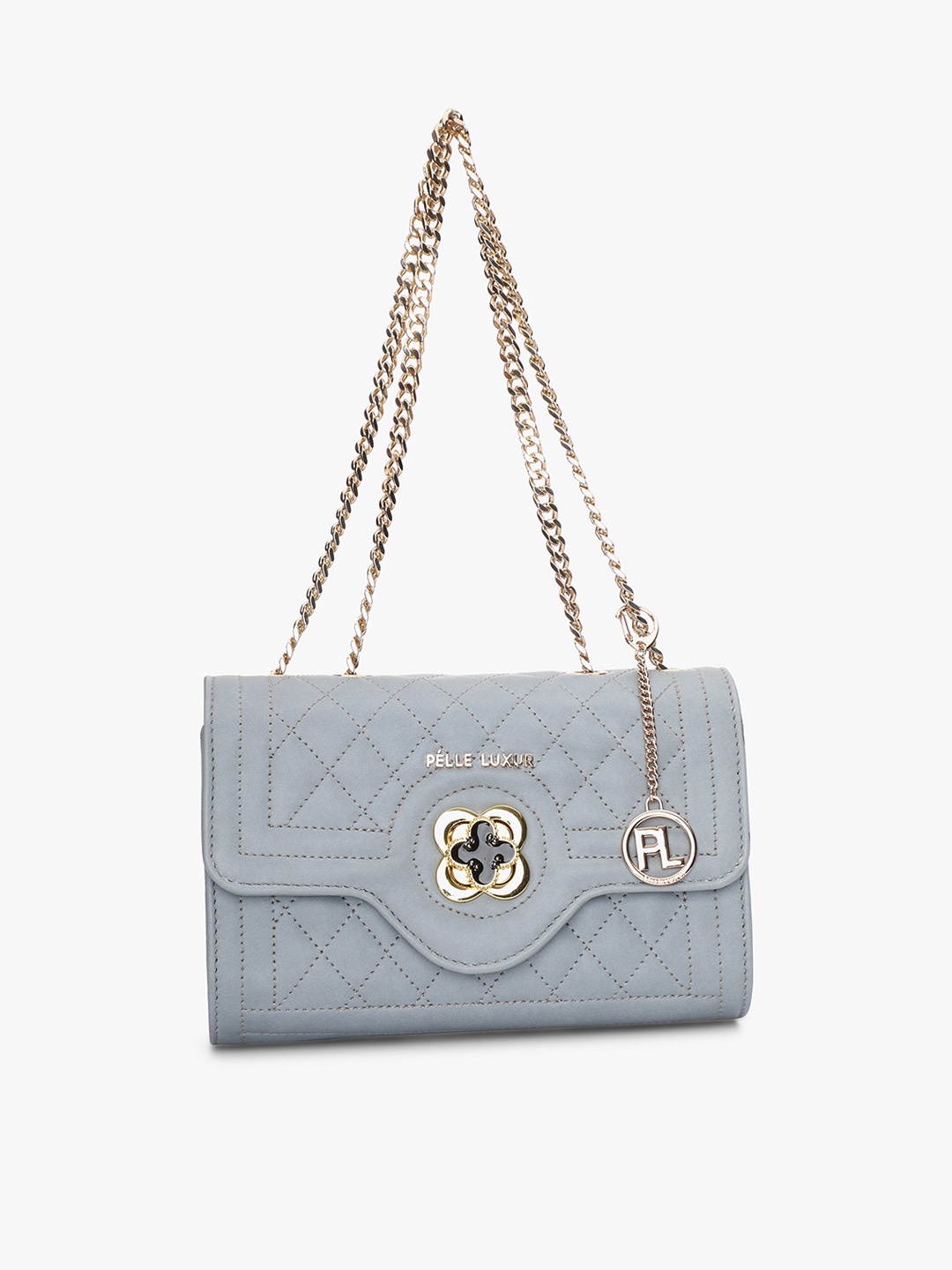 

PELLE LUXUR Checked Structured Shoulder Bag With Quilted, Grey