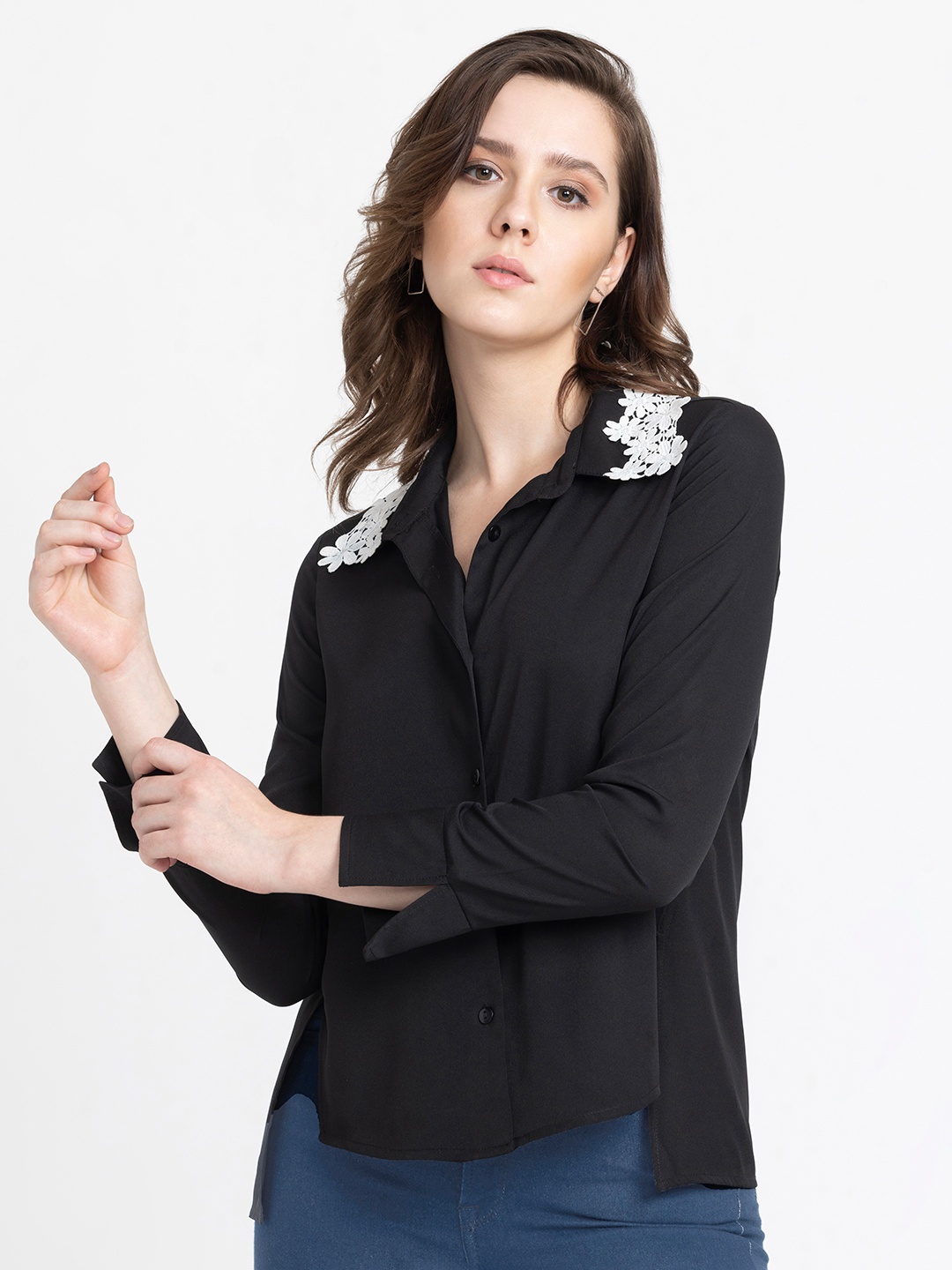 

SHAYE Opaque Lace Casual Shirt, Black