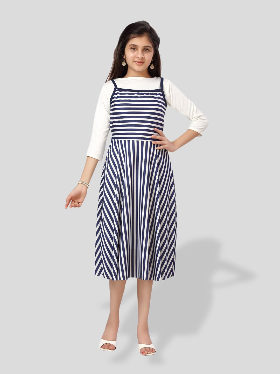 

BAESD Girls Striped Cotton Pinafore Midi Dress, Navy blue
