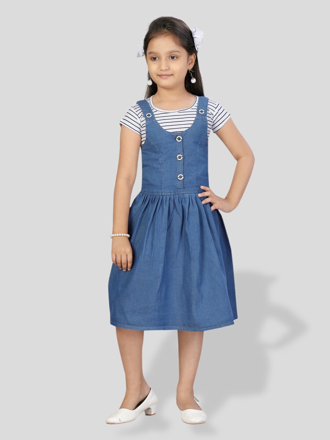 

BAESD Girls Striped Cotton T-shirt & Dungaree Pinafore, White