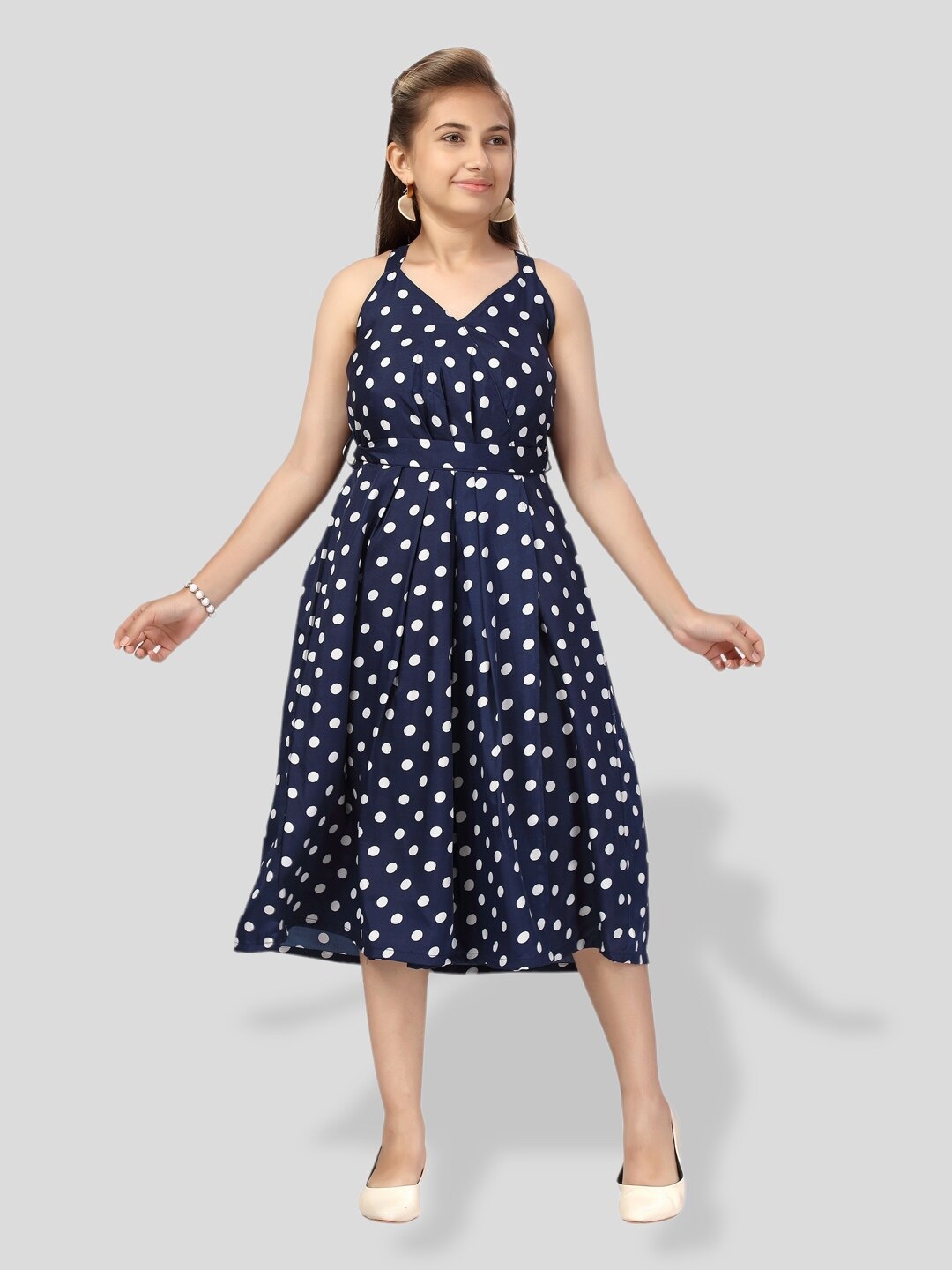 

BAESD Girls Polka Dot Printed Cotton Fit & Flare Midi Dress, Navy blue