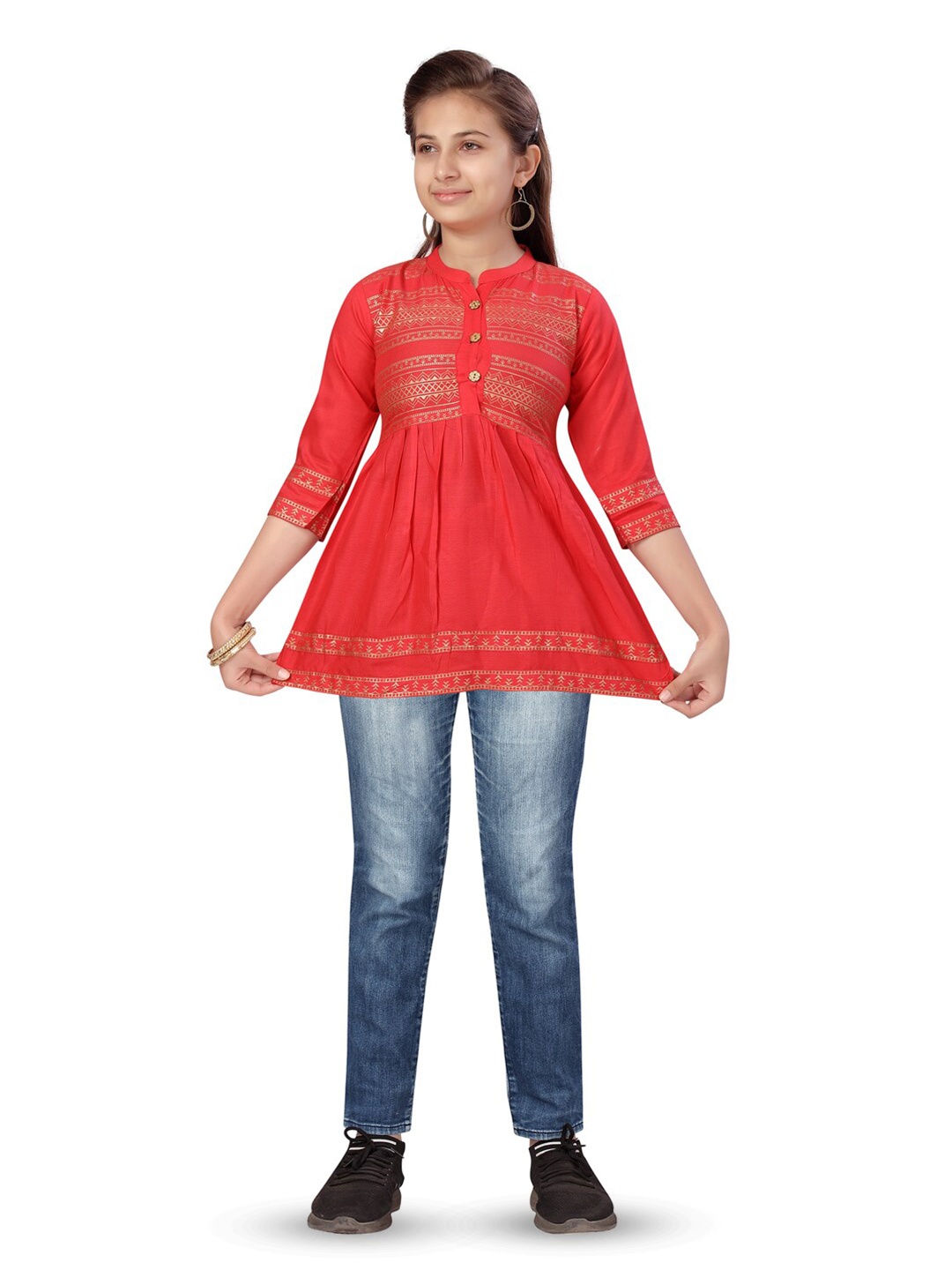 

BAESD Ethnic Motifs Printed Peplum Top, Red