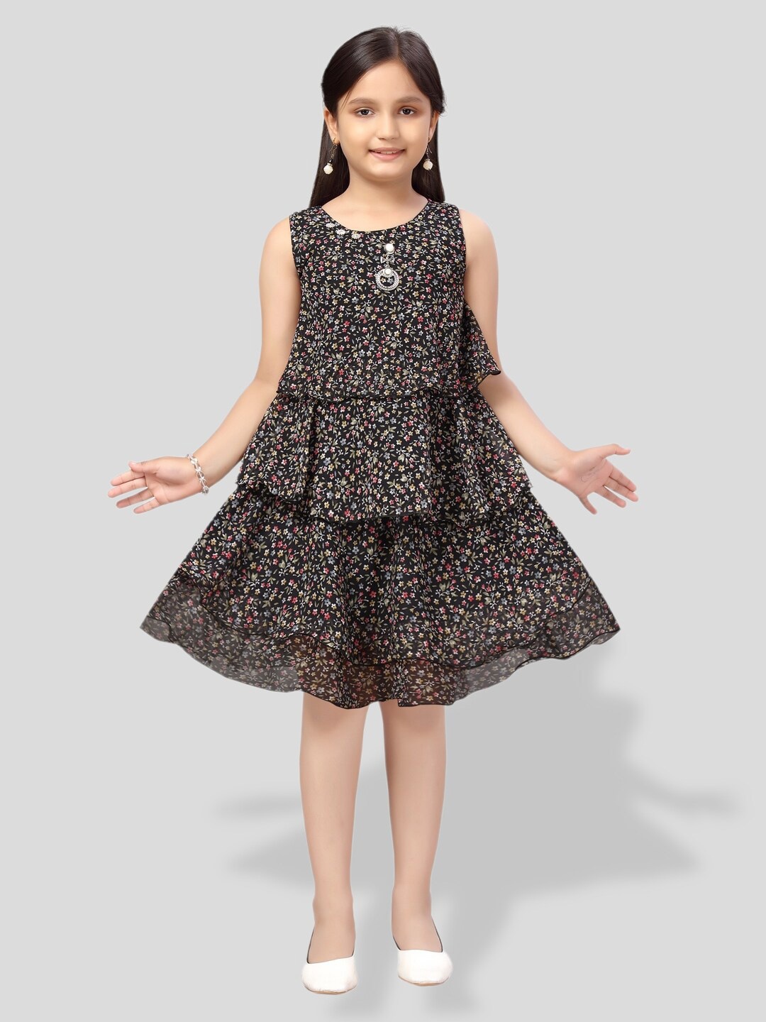 

BAESD Girls Floral Printed Georgette A-Line Dress, Black