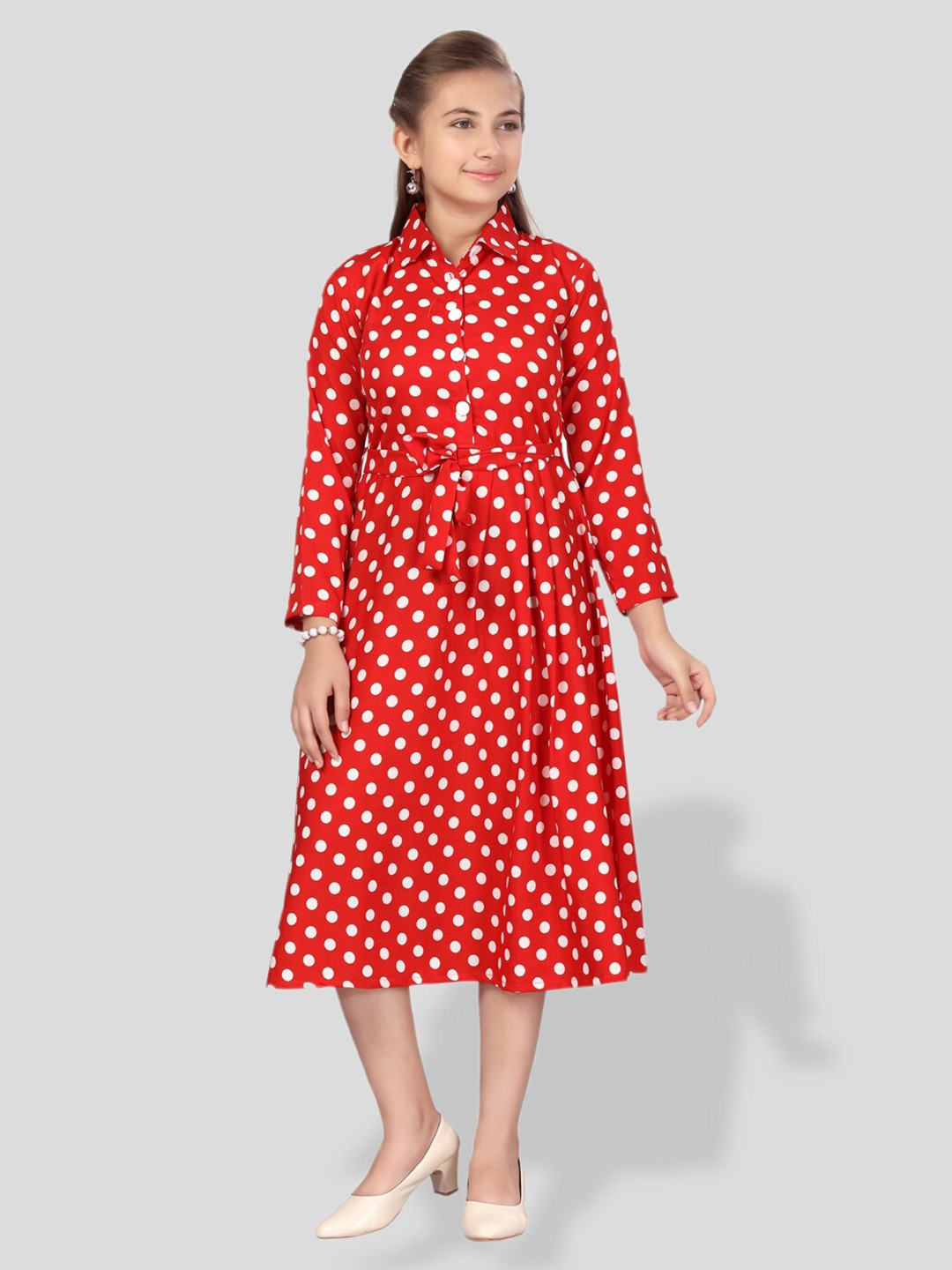 

BAESD Girls Polka Dot Print Shirt Collar Cotton A-Line Midi Dress, Red