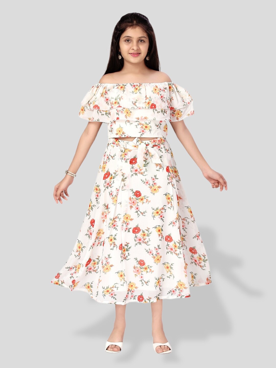 

BAESD Girls Printed Top with Skirt, Cream