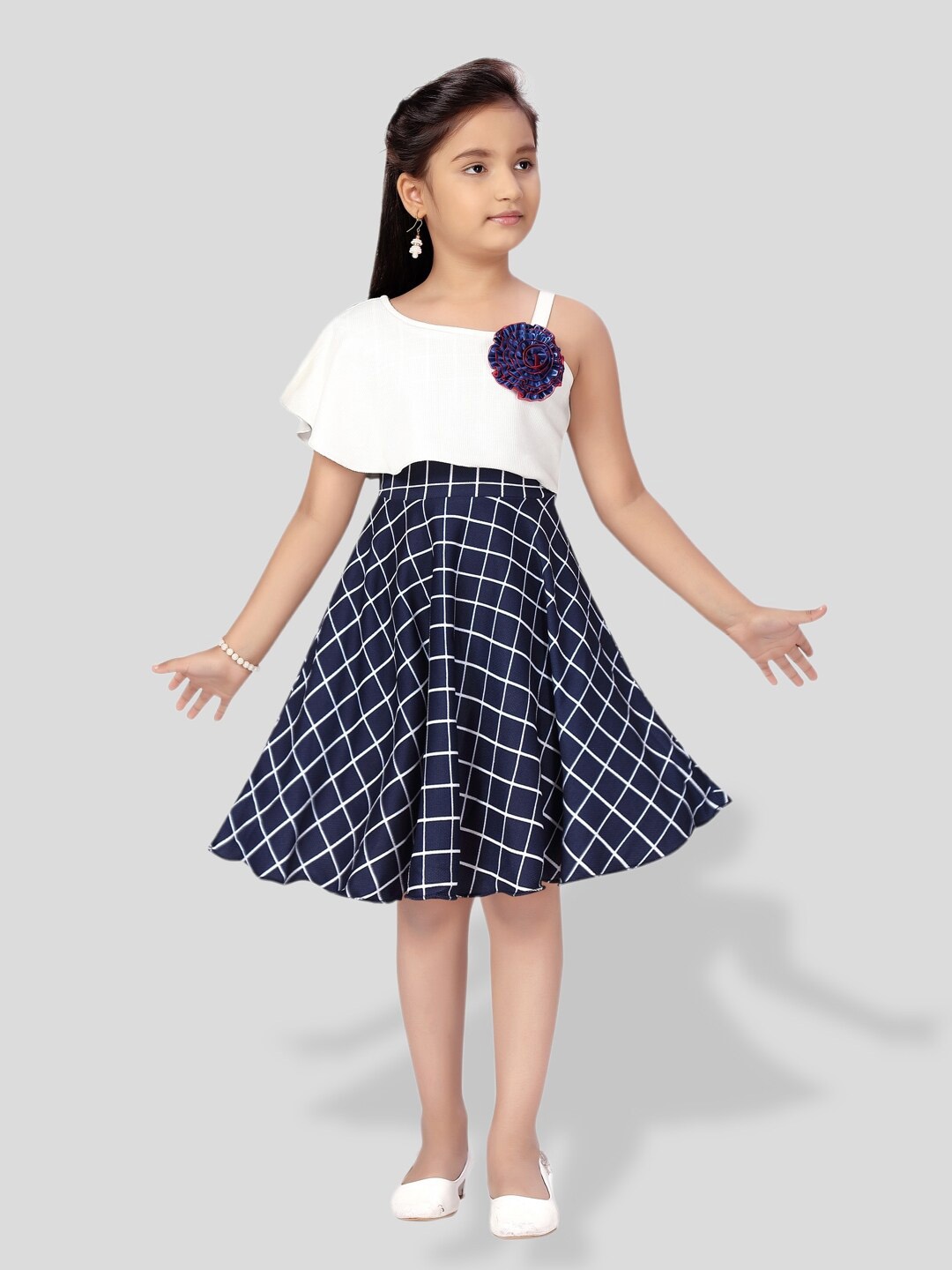 

BAESD Girls Checked Cotton Fit & Flare Dress, Navy blue
